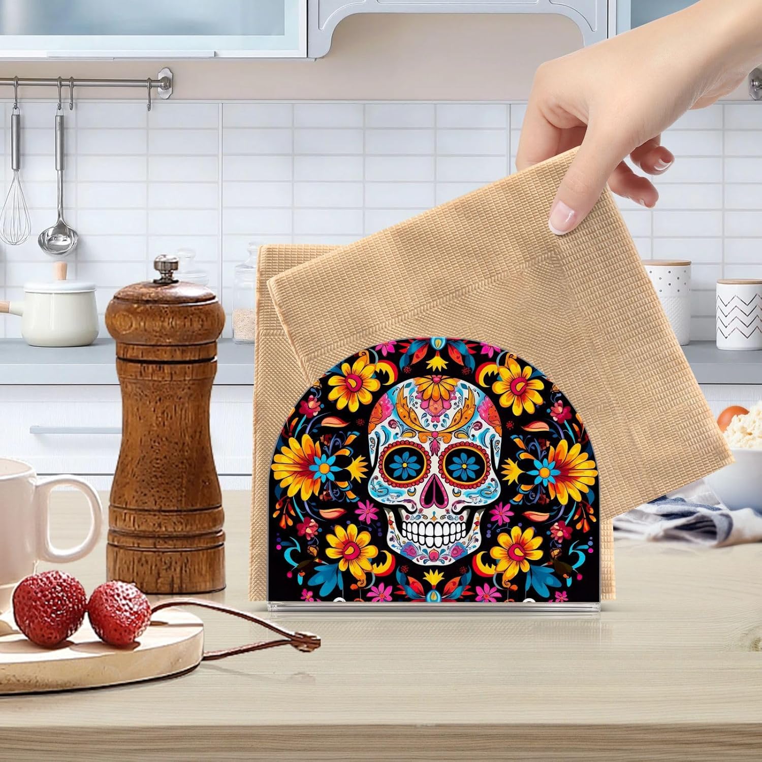 Servilletero de calavera de azúcar para mesa de Halloween, día muerto, dispensadores de servilletas de papel acrílico, servilleteros de cóctel para