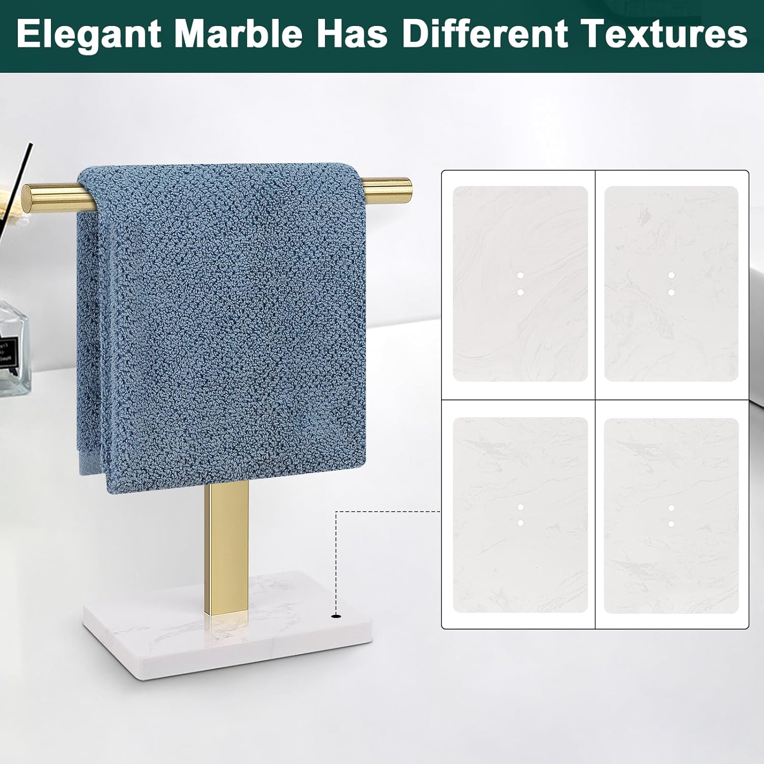 Toallero de mano, soporte para toallas de mano en forma de T para baño con base de mármol, soporte de acero inoxidable 304, toallero de mano