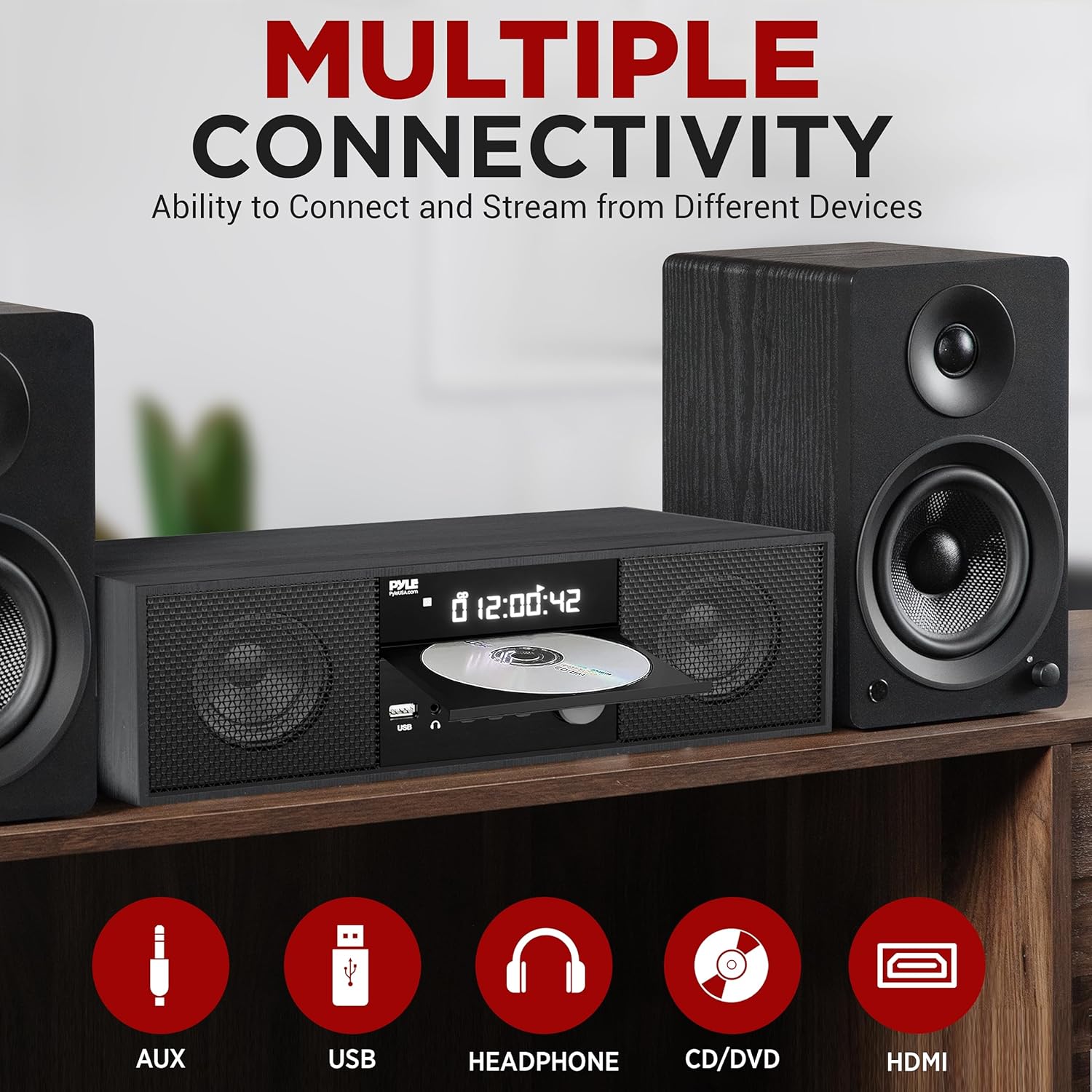 Pyle Sistema de estante estéreo de CDDVD para el hogar, reproductor de 200 W con micrófono inalámbrico, conectividad BT, radio FMUSBauricularesAUX,