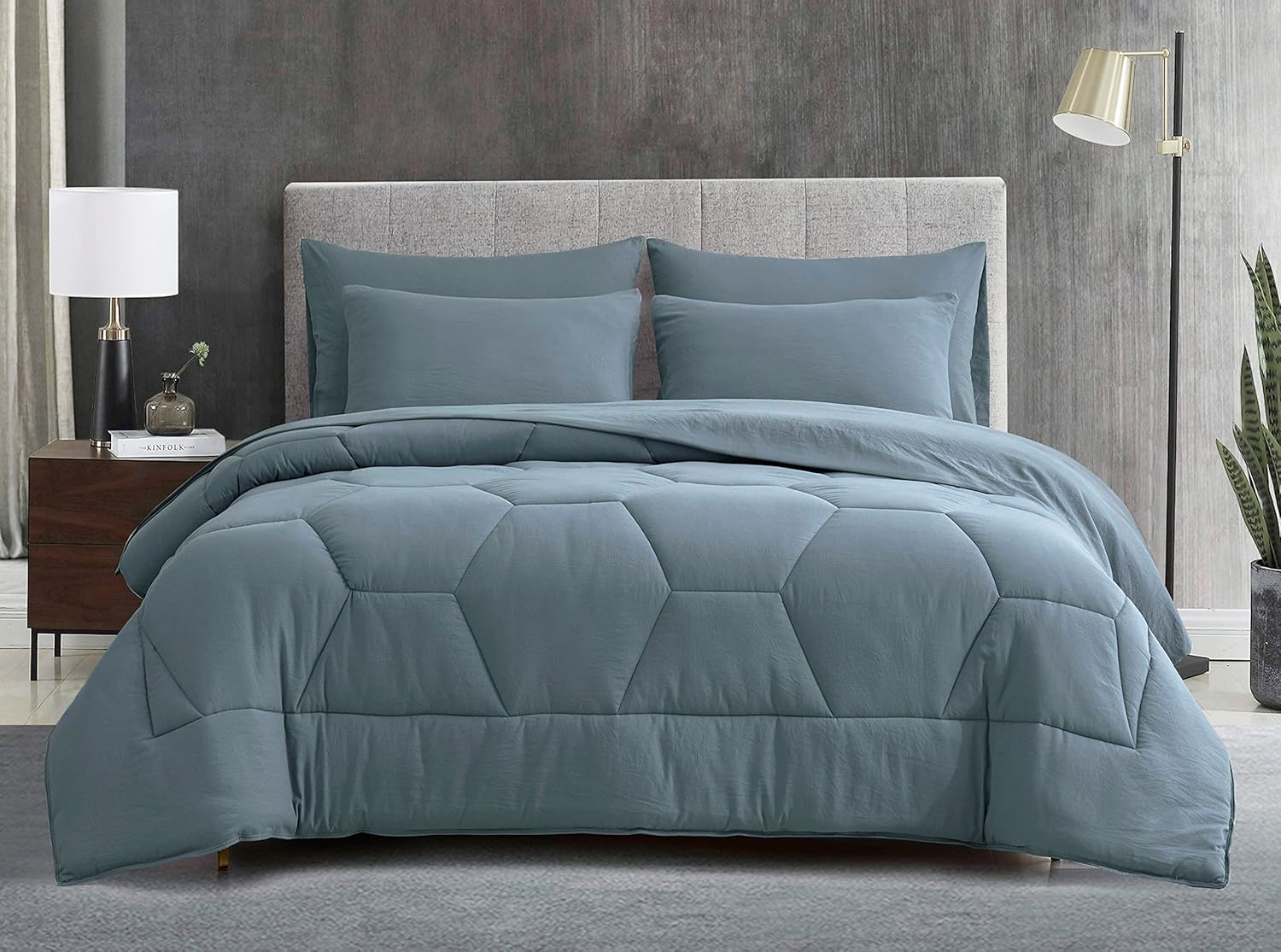 Chezmoi Collection Piper – Juego de cama matrimonial en una bolsa, 7 piezas, acolchado hexagonal de panal de abeja, suave lavado, microfibra de