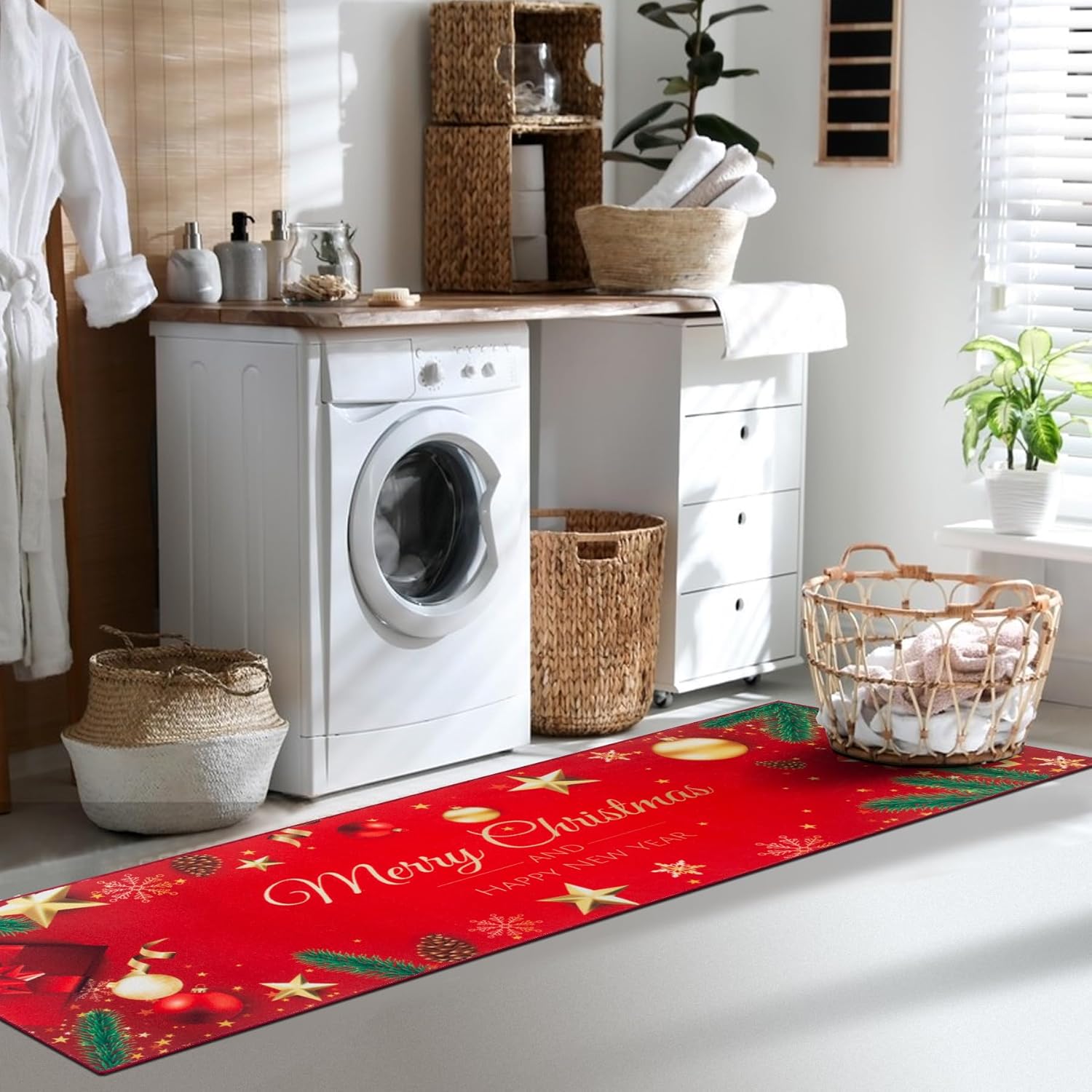MELAJIA Juego de 3 tapetes de cocina de Navidad, lavables, juego de 3 piezas, tapete rojo para decoración de Navidad, fiesta en el hogar