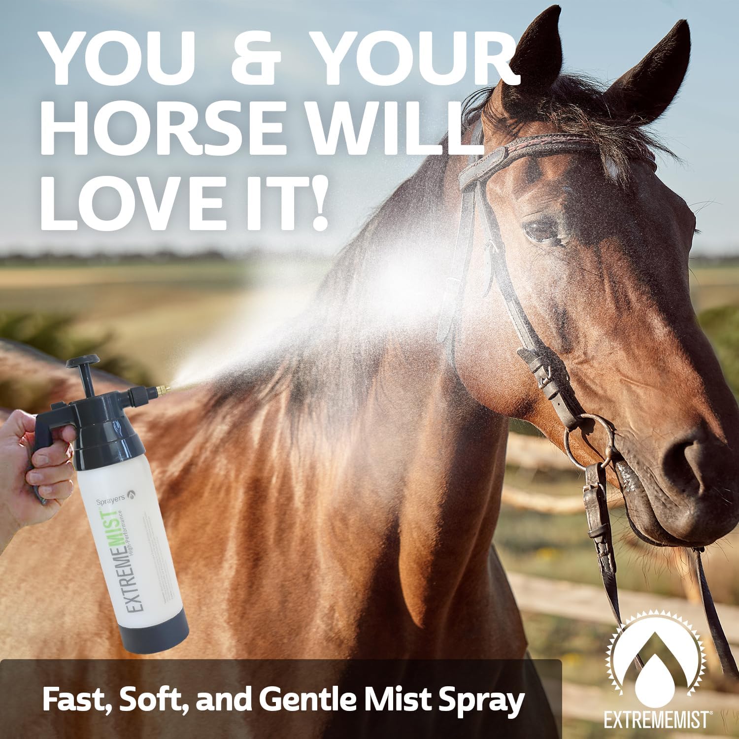 ExtremeMIST Mister equino de alto rendimiento, pulverizador de bomba de mano, botella rociadora estable portátil para el cuidado de los caballos,