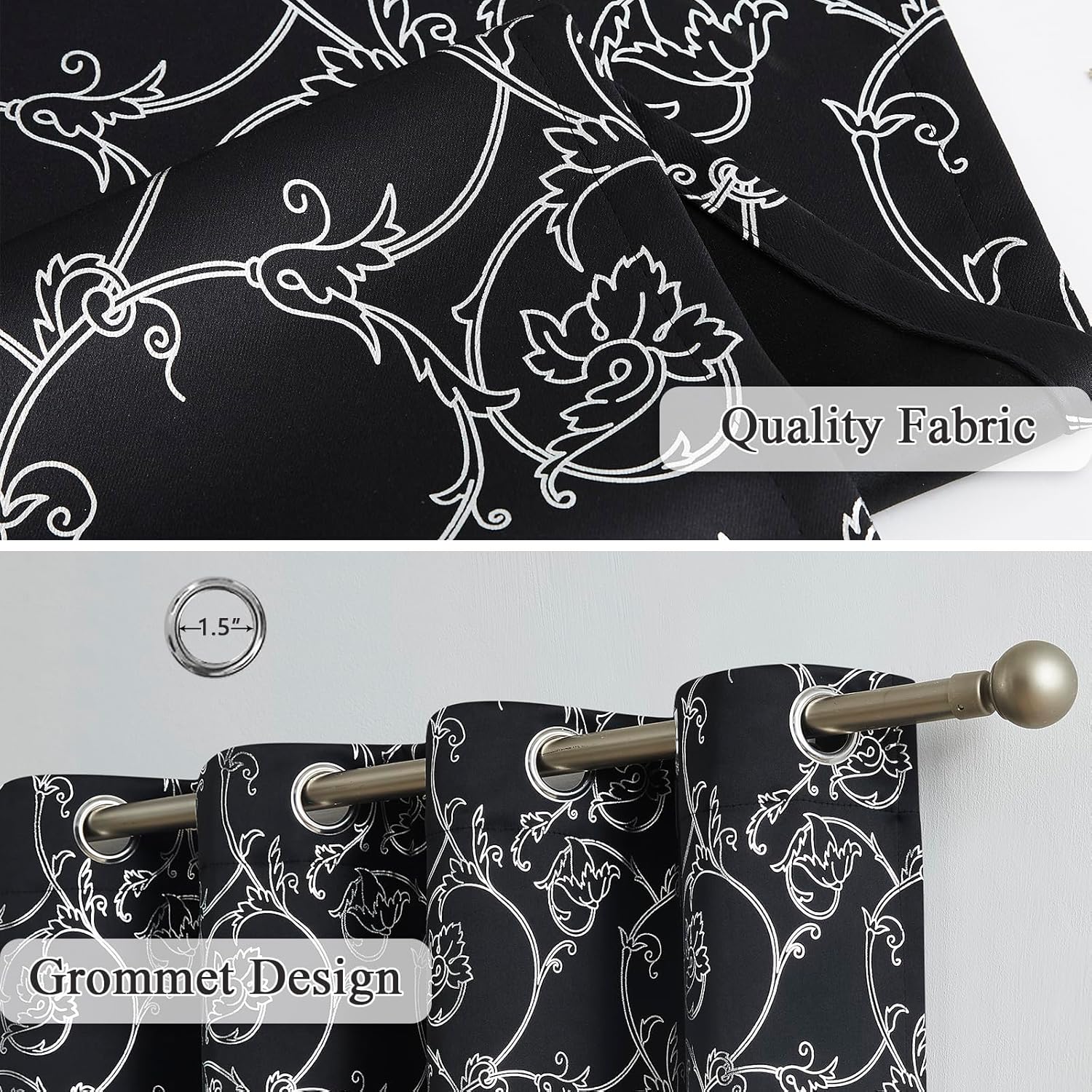 Enactex Cortinas opacas de 95 pulgadas de largo para sala de estar, cortinas de oscurecimiento de habitación con ojales y patrón floral plateado,