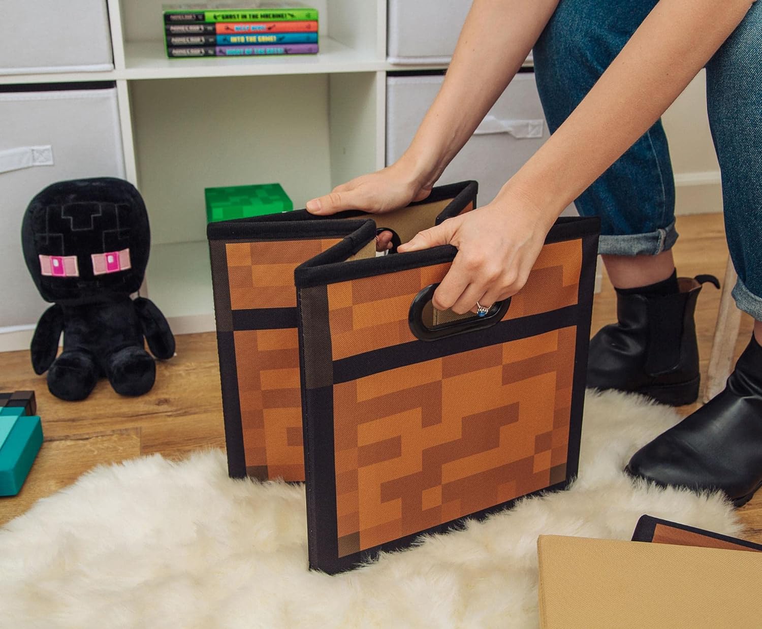 Minecraft Cubo de almacenamiento de tela marrón con tapa  13 pulgadas