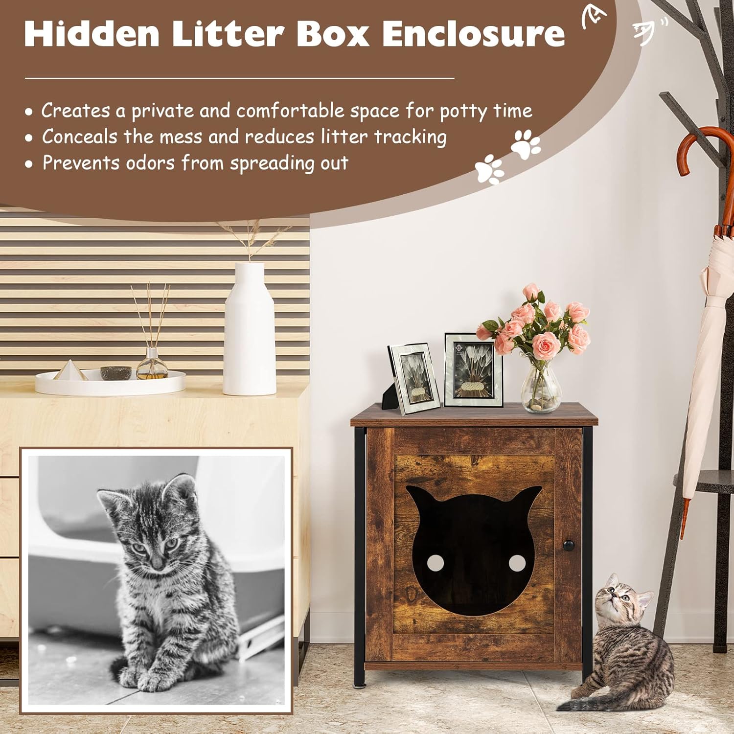PETSITE Caja de arena, gabinete de baño para gatos con marco de metal, mesa auxiliar cerrada para gatos, mesita de noche, caja de arena oculta,