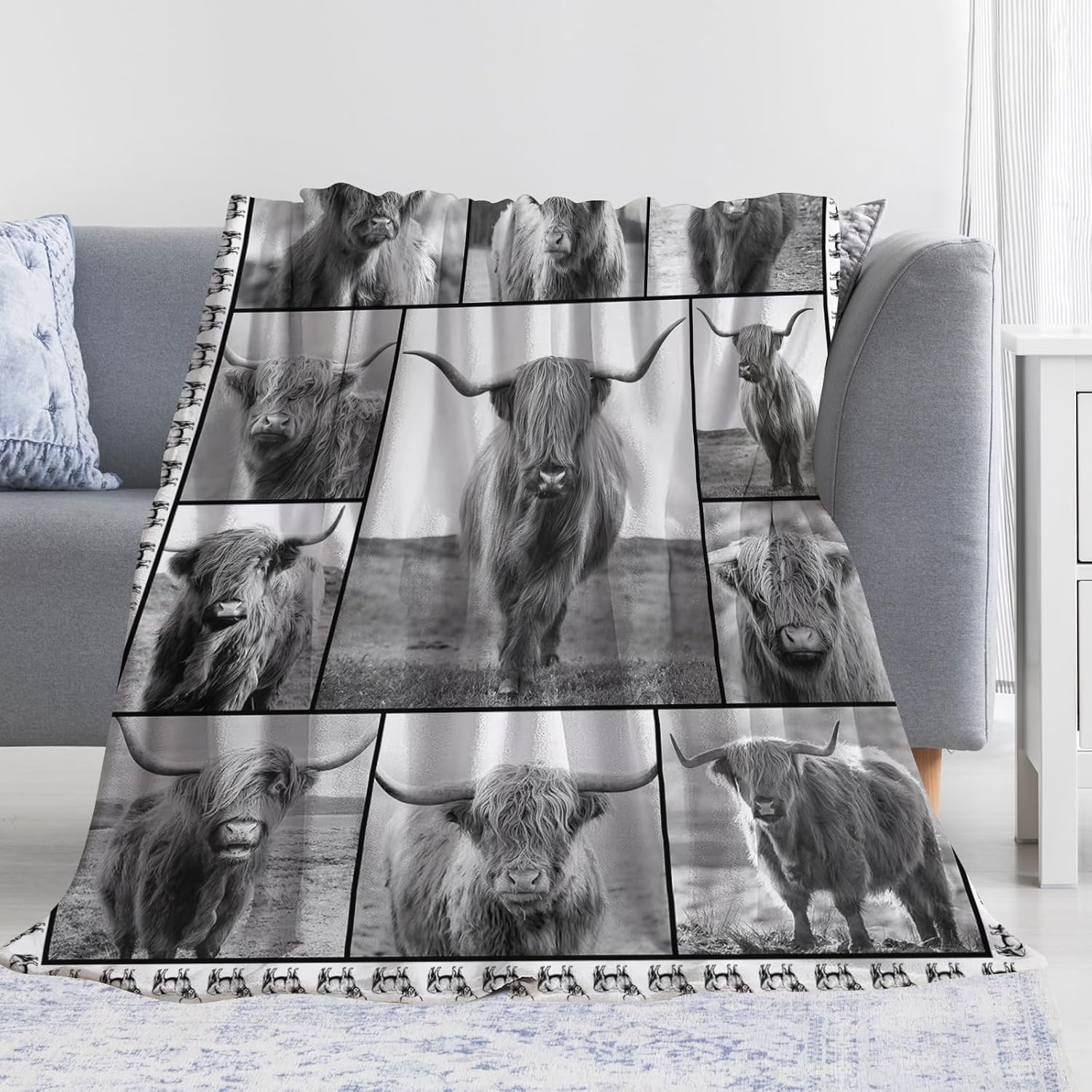 Manta de vaca Highland con cuernos largos, para adultos y niños, manta de felpa de animales de ganado blanco y negro, divertidos regalos de vacas de