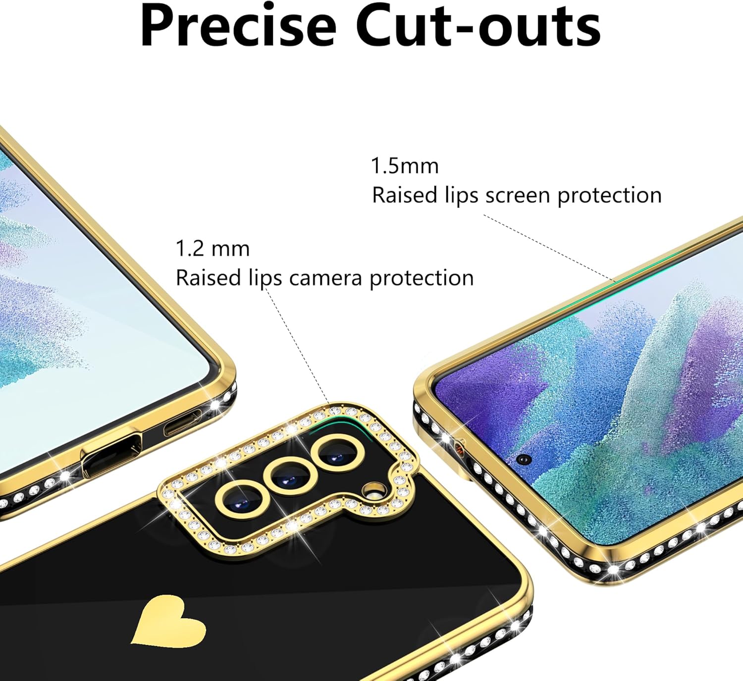 Gritup Funda compatible con Samsung Galaxy S21 FE con protector de pantalla, diseño de corazón de amor, diamantes de imitación brillantes para niñas
