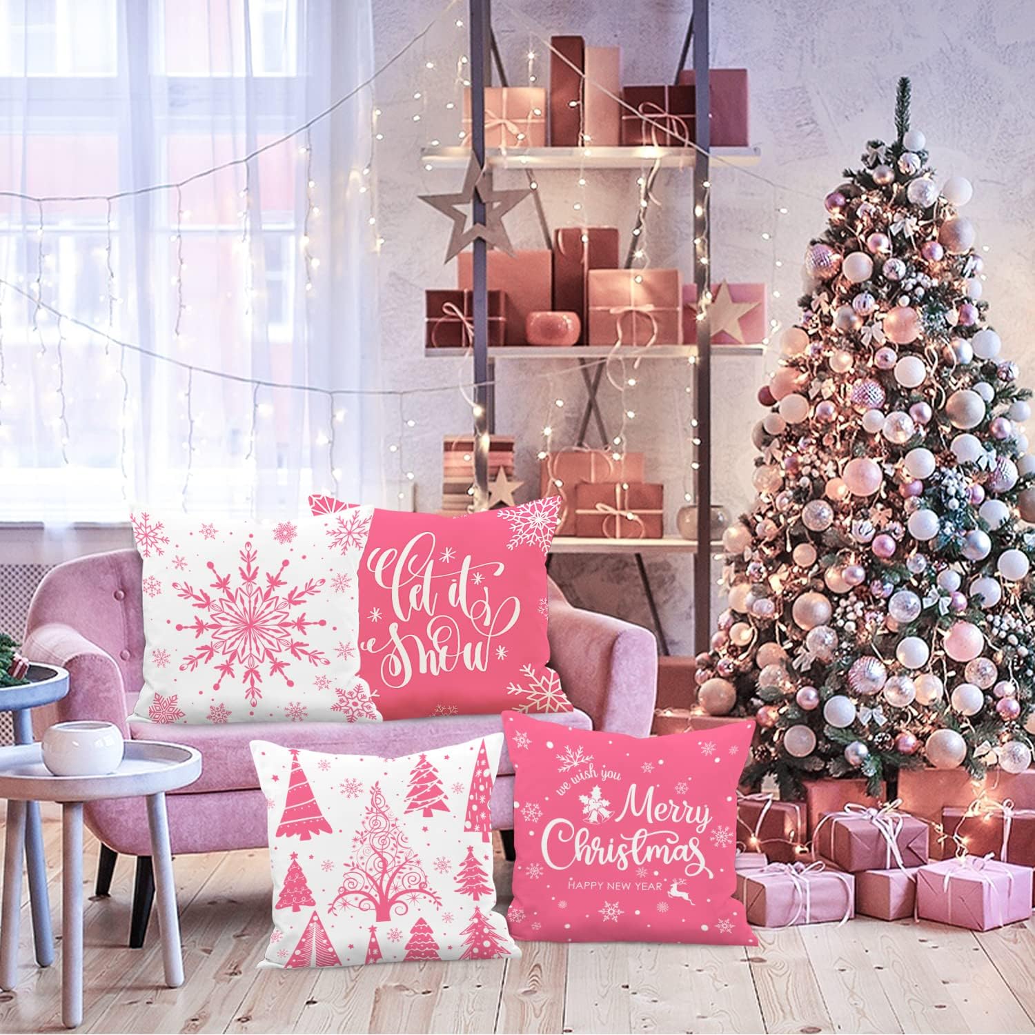 Lanpn Juego de 4 fundas de almohada de Navidad blancas y rosas de 18 x 18 pulgadas, fundas de cojín decorativas de Navidad de 18 pulgadas, fundas de