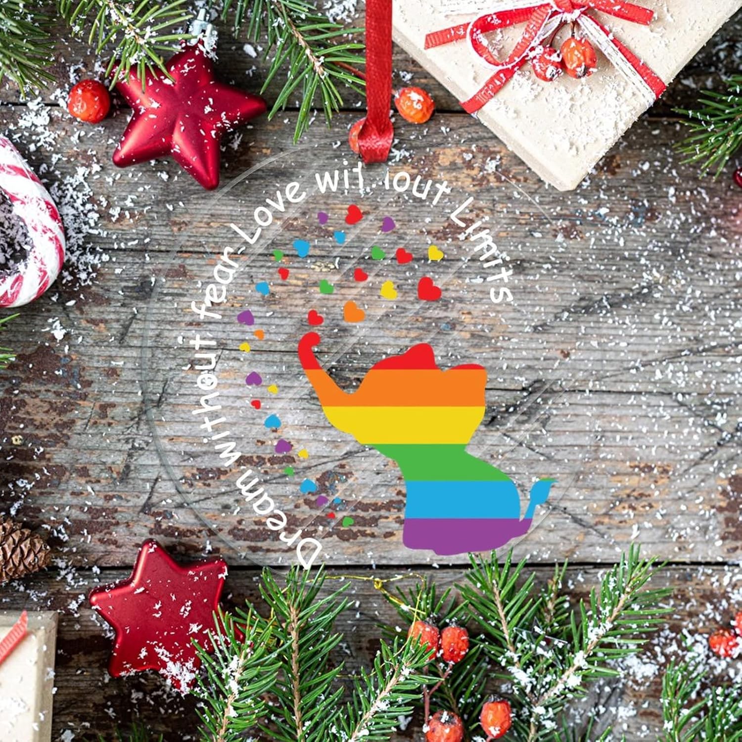 Swavecat Adornos de árbol de Navidad Sueño sin miedo Amor sin límites Adornos de elefante Gay LGBTQ Decoraciones de Navidad Arco Iris Derechos Gay