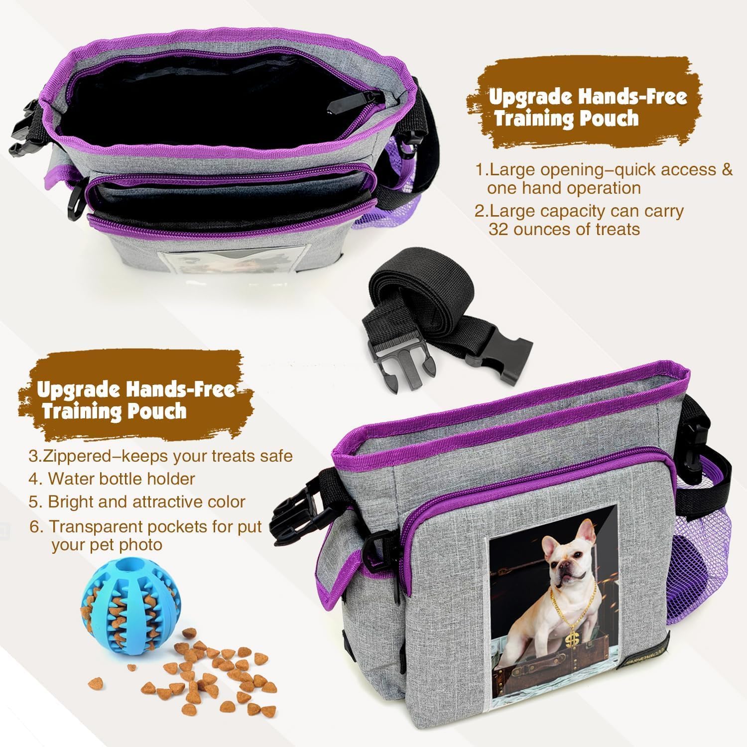 Bolsa de golosinas para perros para pasear a varios perros, bolsa de golosinas de gran capacidad para perros con soporte integrado para botella de