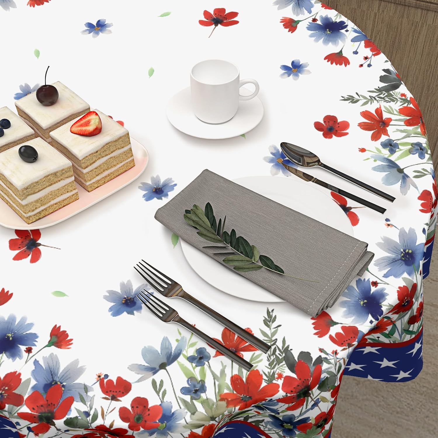 Mantel redondo para el 4 de julio, 60 pulgadas, diseño de acuarela rojo y azul, floral, patriótico, Día de la Independencia, Día de los Caídos,