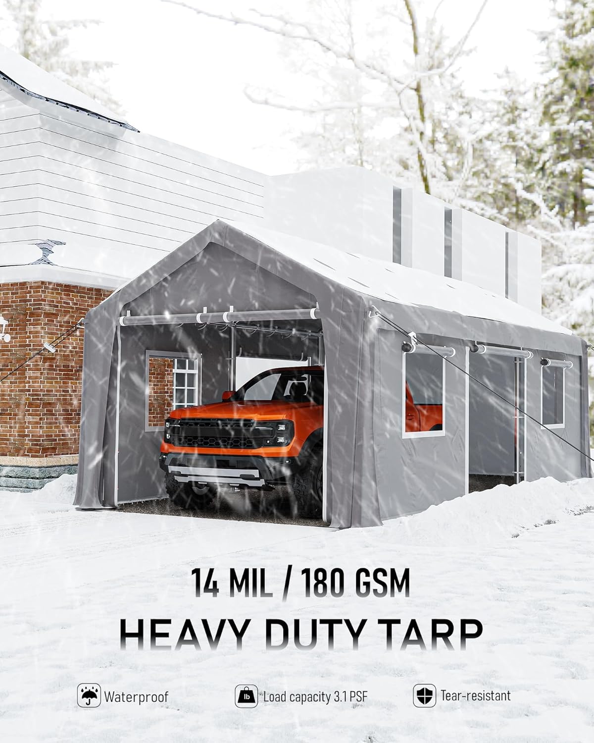 Carport – Garaje portátil de 13 x 20 pies, toldo resistente a prueba de agua de 200 GSM, con 4 puertas enrollables y 4 ventanas, para camioneta y