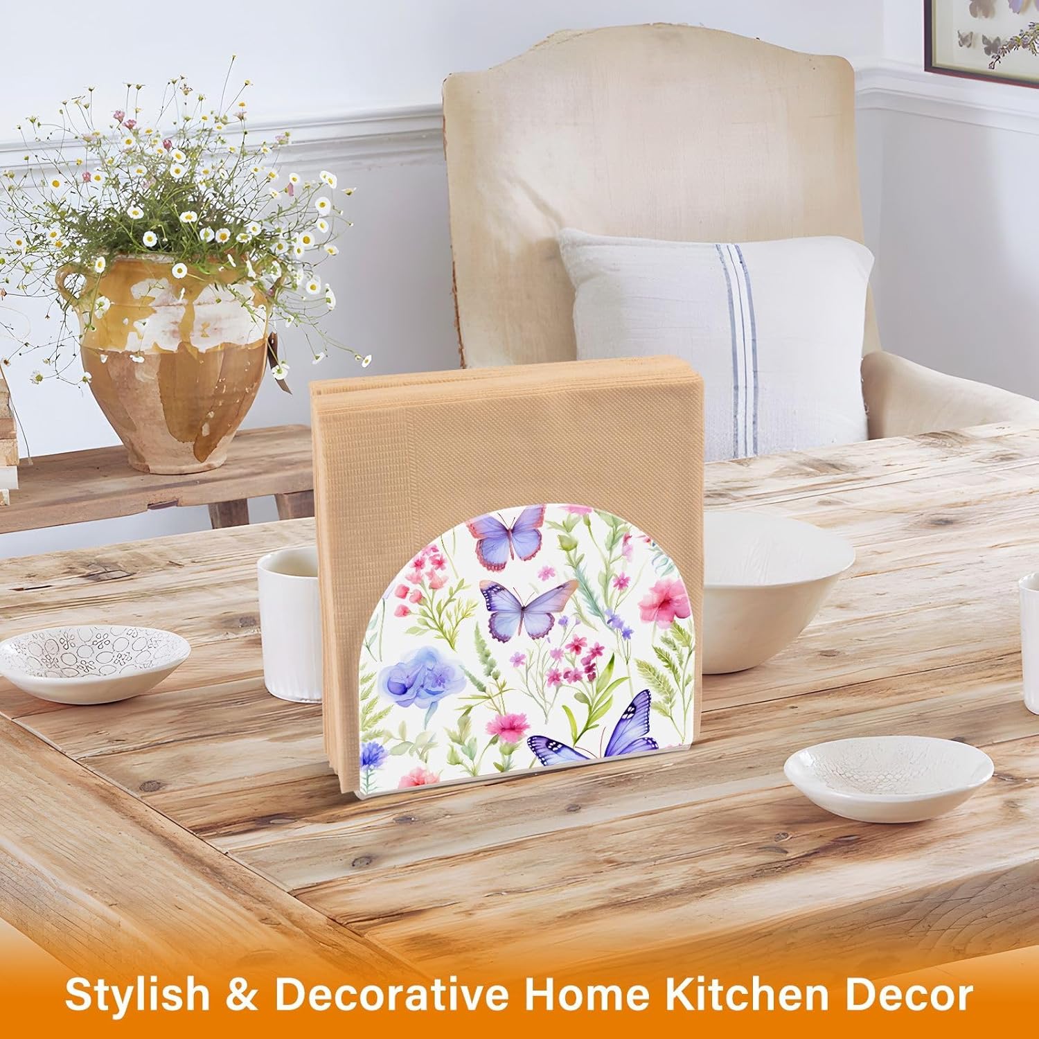 Butterfly Pink Flowers Napkin Holder, Acrylic Napkin Holders for Table Cocktail Napkins Dispenser Paper Stand for Home Kitchen Restaurant Bar, 2 Pc