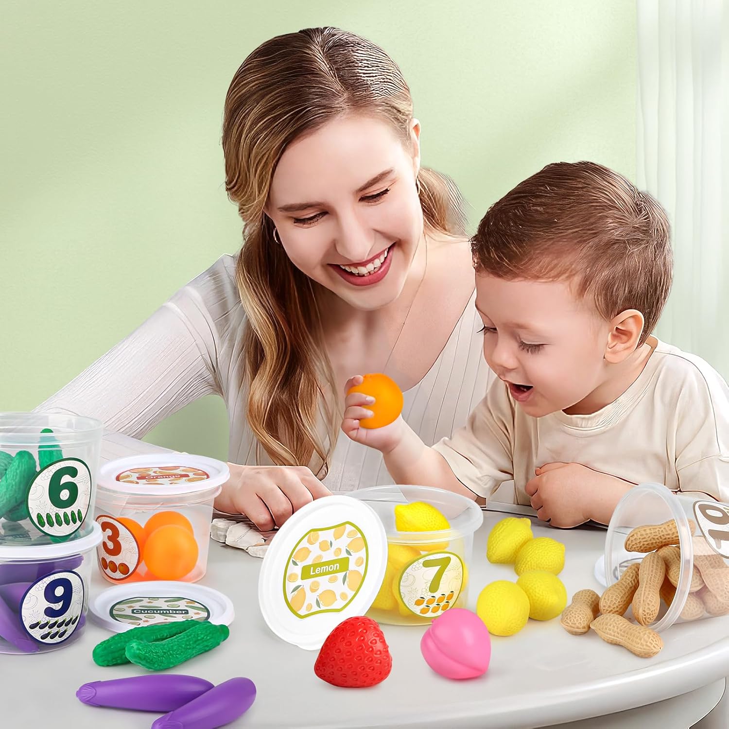 Joyreal Juguetes de clasificación de color, tinas clasificadoras de alimentos con frutas y verduras, 65 piezas de uno a diez juguetes de aprendizaje