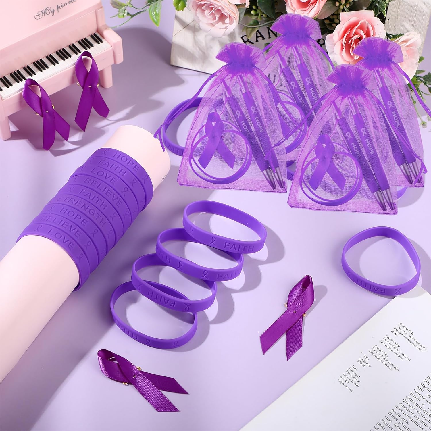 Qilery Juego de 50 regalos de concientización sobre el cáncer de mama, incluye cinta de concientización sobre el cáncer, pulsera y bolsas para