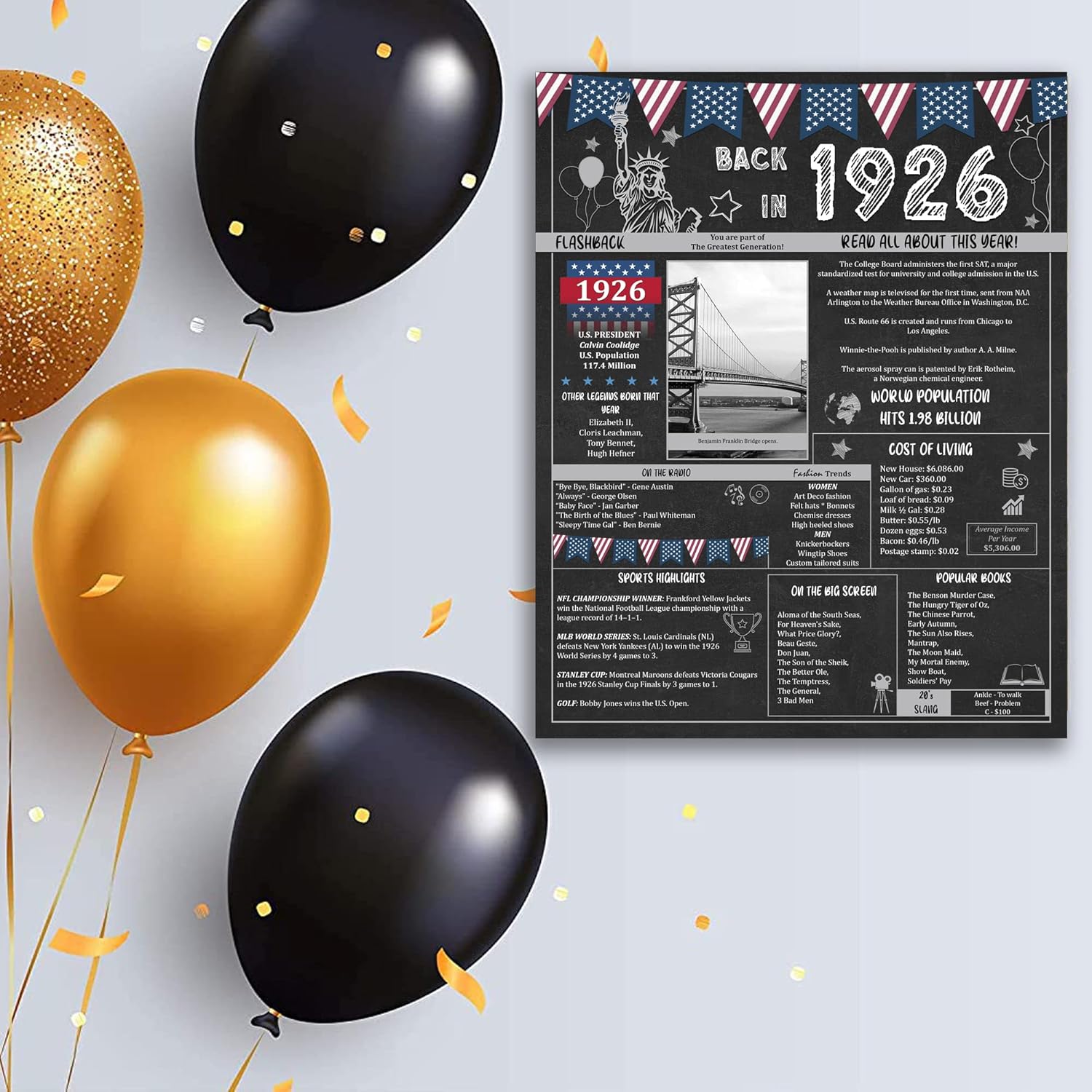 Regalos para fiesta de cumpleaños número 98 póster de aniversario de 98 años para hombres o mujeres. Suministros de fiesta de vuelta en 1926. Ideas
