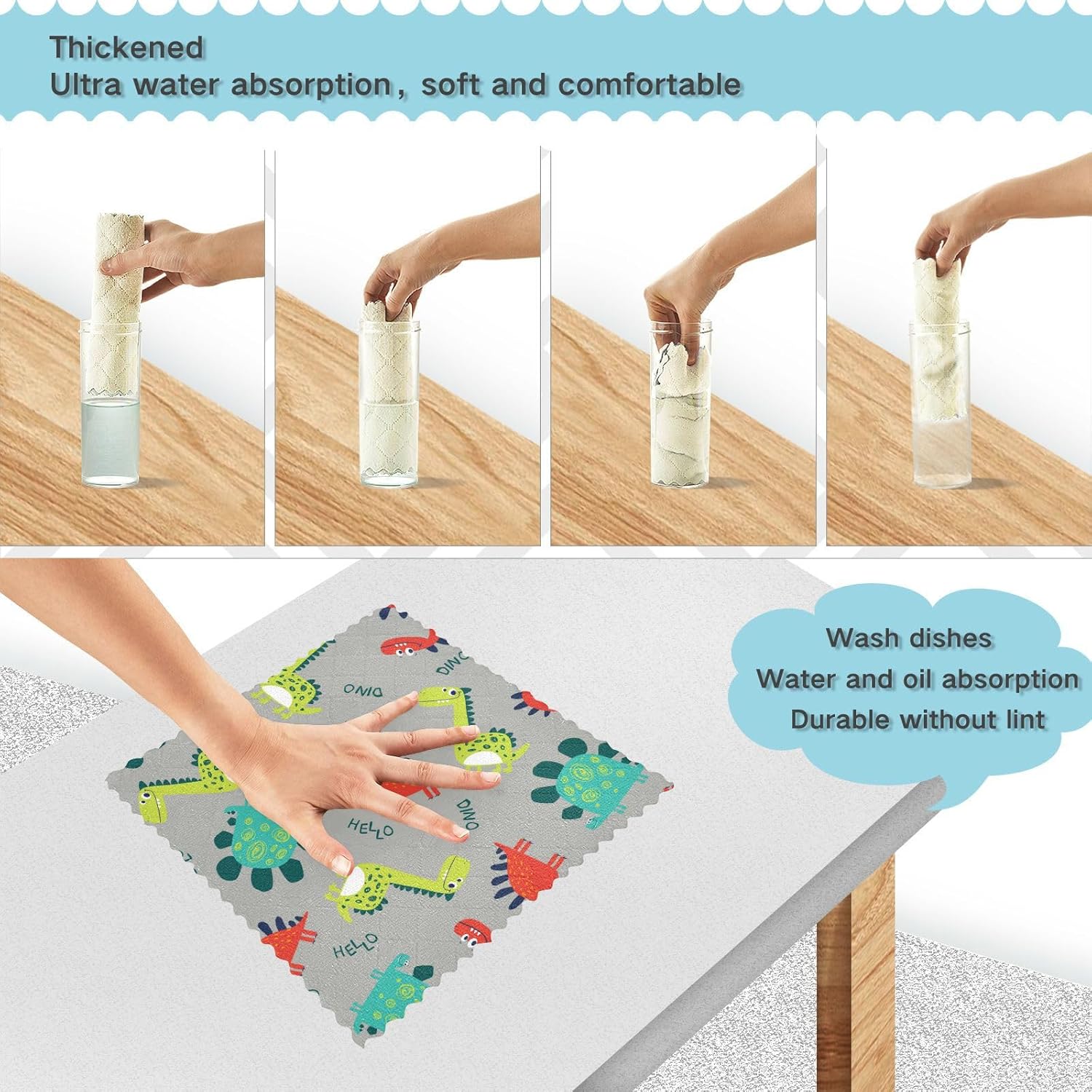 Cute Dinosaur Colorful Soft Print Kitchen Microfiber Towels Absorbent 6 Pack Cooking Towels for Restaurant Table