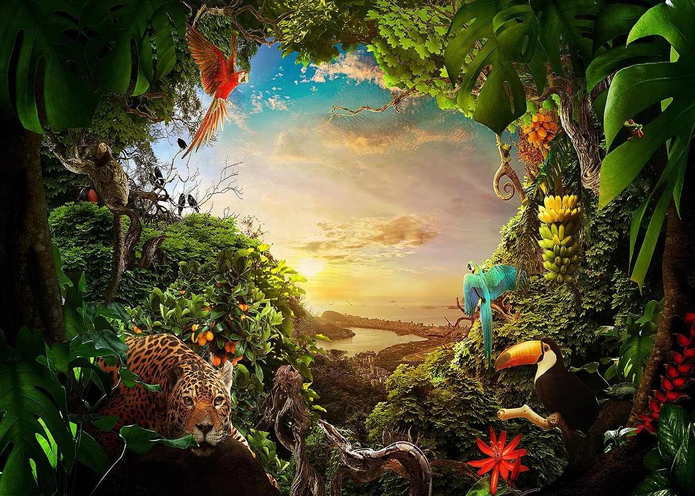 Fondo de safari en la selva animación bosque para niños, fondo verde para fotografía, selva tropical, decoración de animales, celebración, fiesta,