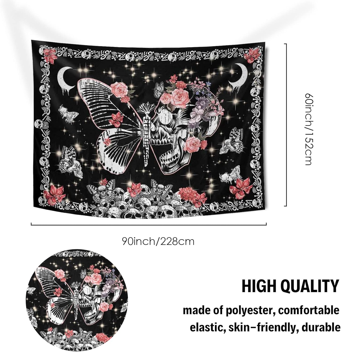 D-Story Tapiz para colgar en la pared, tapiz de calavera, esqueleto, luna, mariposa, flores, decoración del hogar, tapiz de pared de calavera, telón