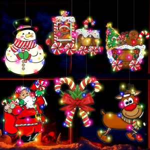 Luces navideñas vintage para ventana, 6 unidades, decoración de Navidad, luces colgantes de doble cara, con reno, muñeco de nieve, adornos colgantes Luces navideñas vintage para ventana, 6 unidades, decoración de Navidad, luces colgantes de doble cara, con reno, muñeco de nieve, adornos colgantes