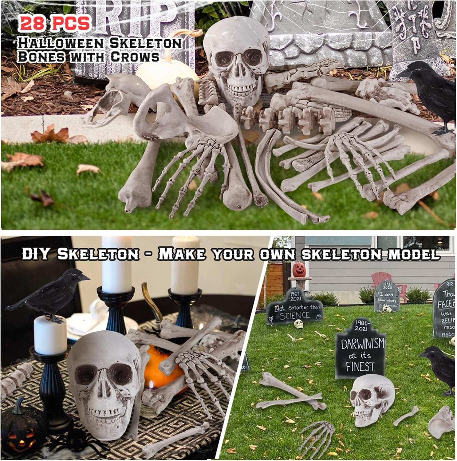 Decoraciones de Halloween 28 piezas de huesos de esqueleto y calavera con cuervo para decoración al aire libre, aterradores rompedores para