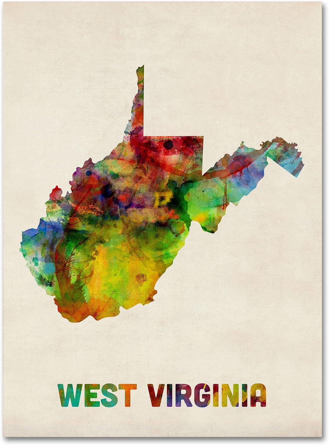 Mapa de Virginia Occidental por Michael Tompsett, arte de pared en lienzo de 35 x 47 pulgadas