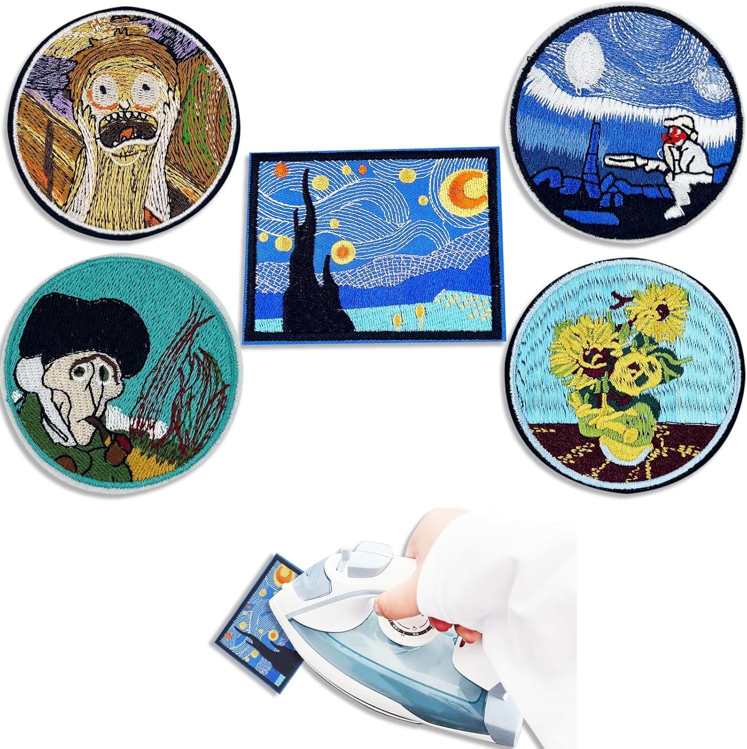 5 parches para planchar con patrón de pintura famosa para mochilas, parches bordados artísticos de alta gama, apliques de bricolaje para chaquetas,