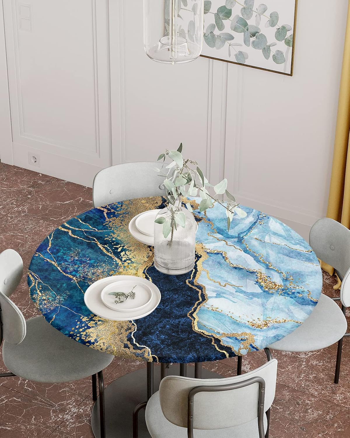 Mantel redondo de mármol para mesa de cocina con borde elástico, mantel ajustable azul dorado degradado para mesas redondas, mantel impermeable para