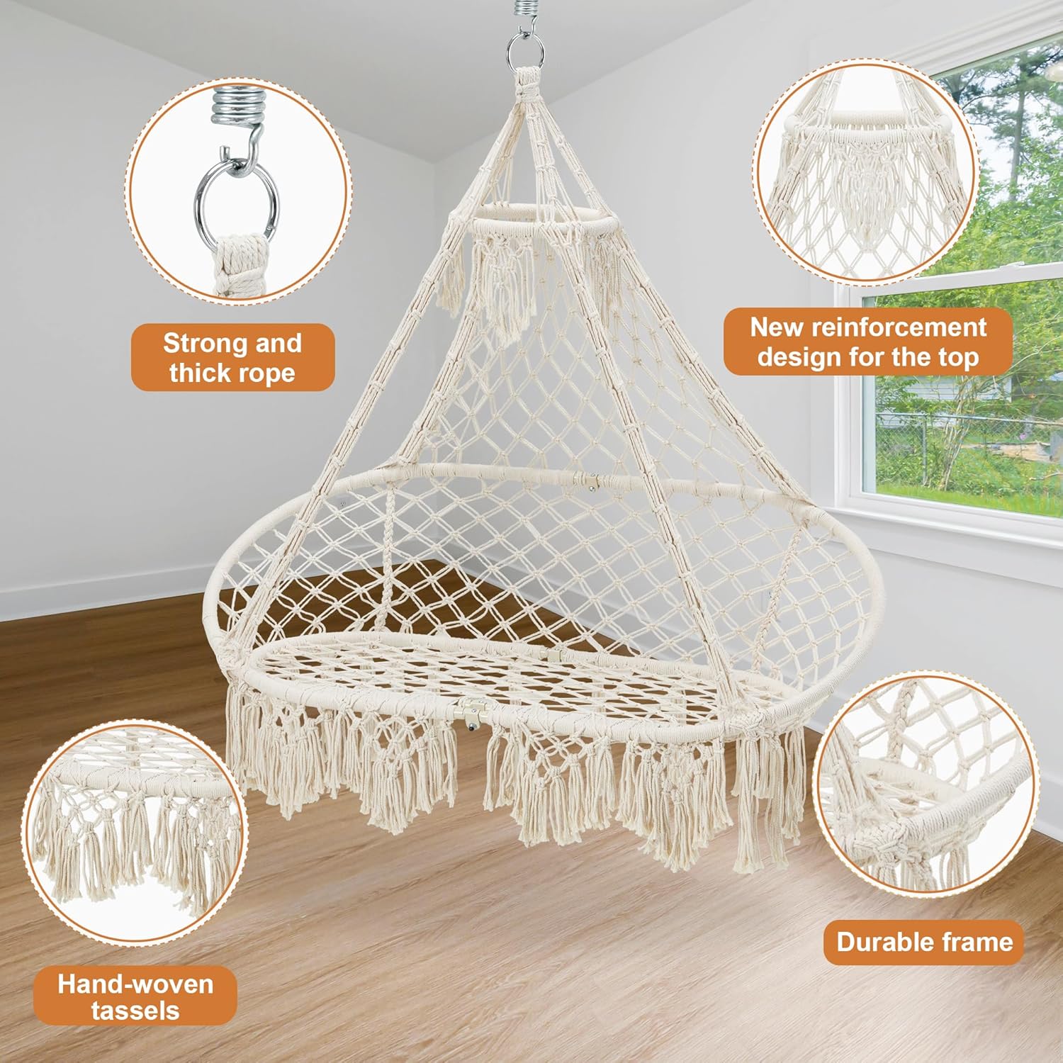 Silla hamaca para 2 personas, columpio de macramé, silla colgante bohemia tejida a mano, marco de metal, capacidad de 400 libras para interiores y