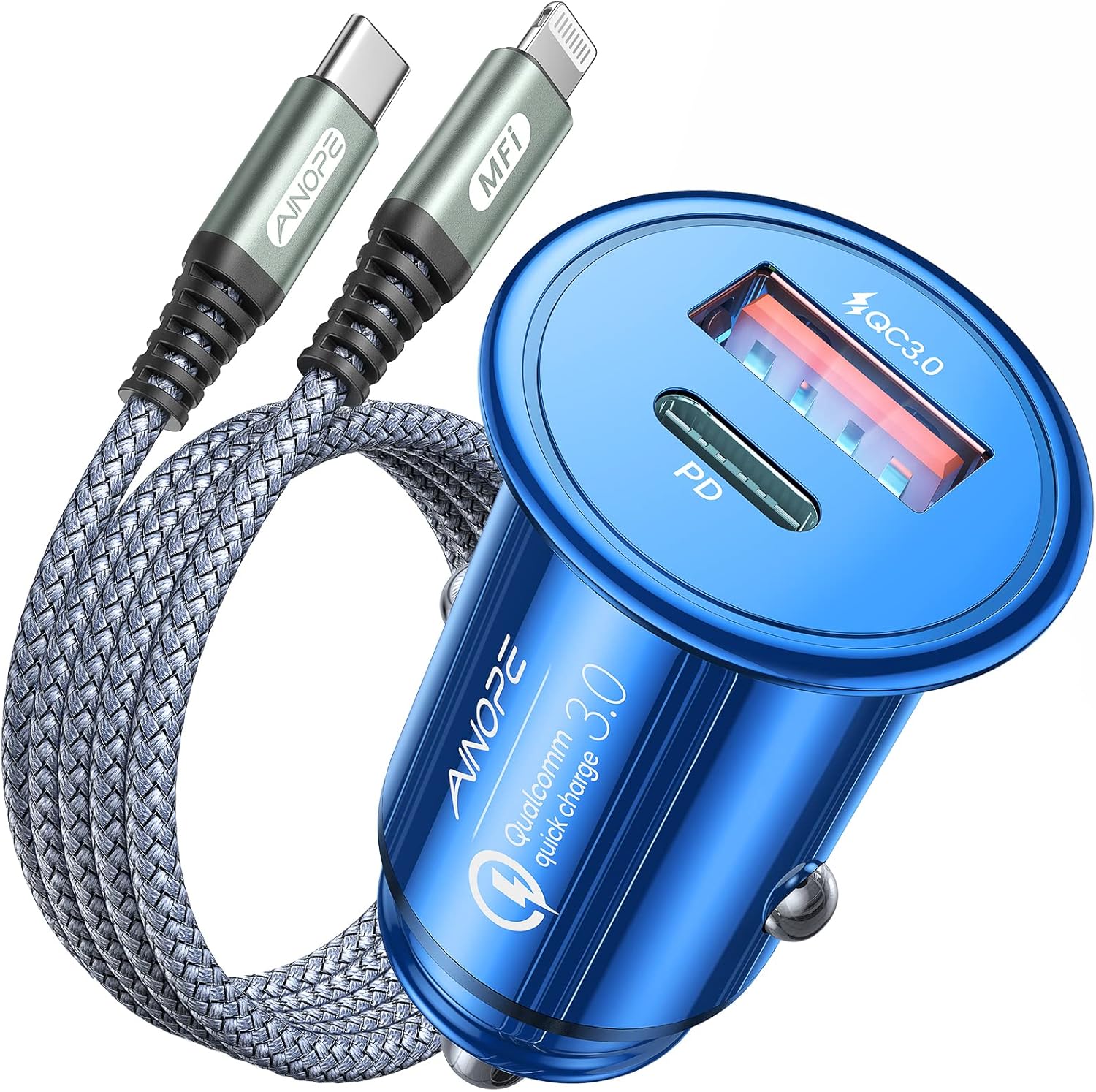 Certificado MFi de Apple Cargador de coche para iPhone de carga rápida, AINOPE 48 W cargador rápido de coche iPhone, Mini y metal Adaptador de