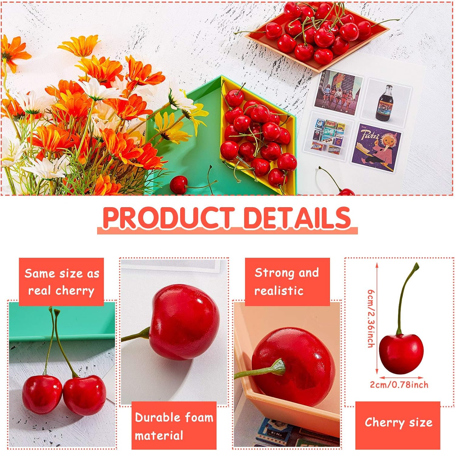 Cerezas falsas, decoraciones de cereza artificial, cerezas, frutas, cerezas, fruta, cereza, modelo de fruta falsa para decoración de fiestas, hogar,