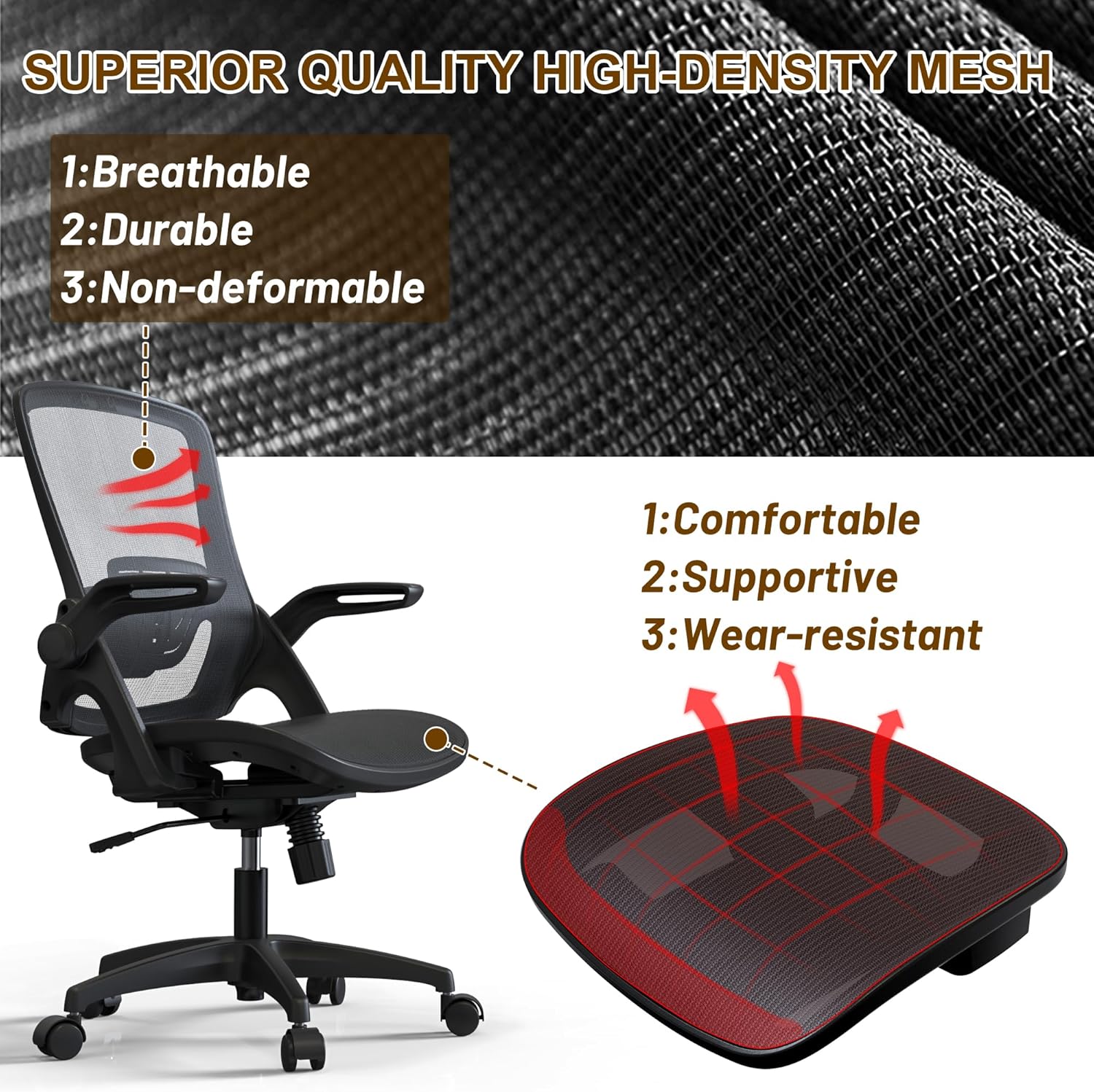 KOLLIEE Silla de oficina en casa de malla ergonómica giratoria con soporte lumbar ajustable, cómoda silla de computadora negra con brazos abatibles