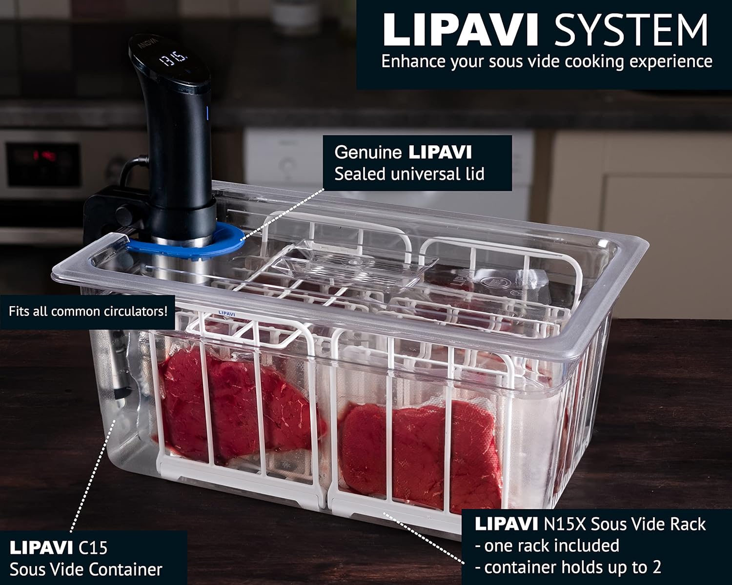 LIPAVI Sistema Sous Vide Modelo NXC15-UNIR – con contenedor C15, estante N15X y una tapa universal – se adapta a prácticamente cualquier máquina