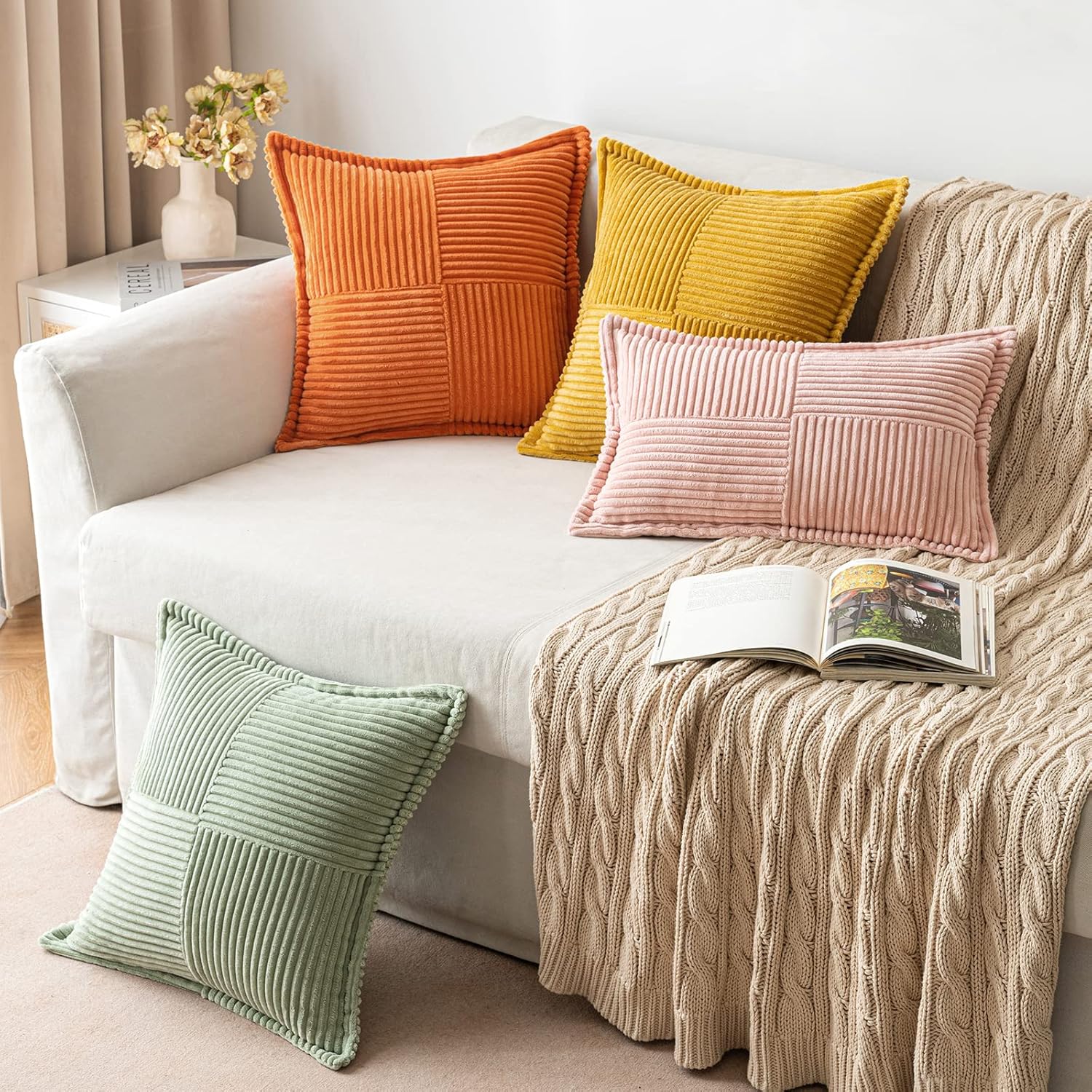 MIULEE Juego de 2 fundas de almohada naranjas de 12 x 20 pulgadas con empalme, fundas de almohada de pana a rayas bohemias súper suaves decorativas