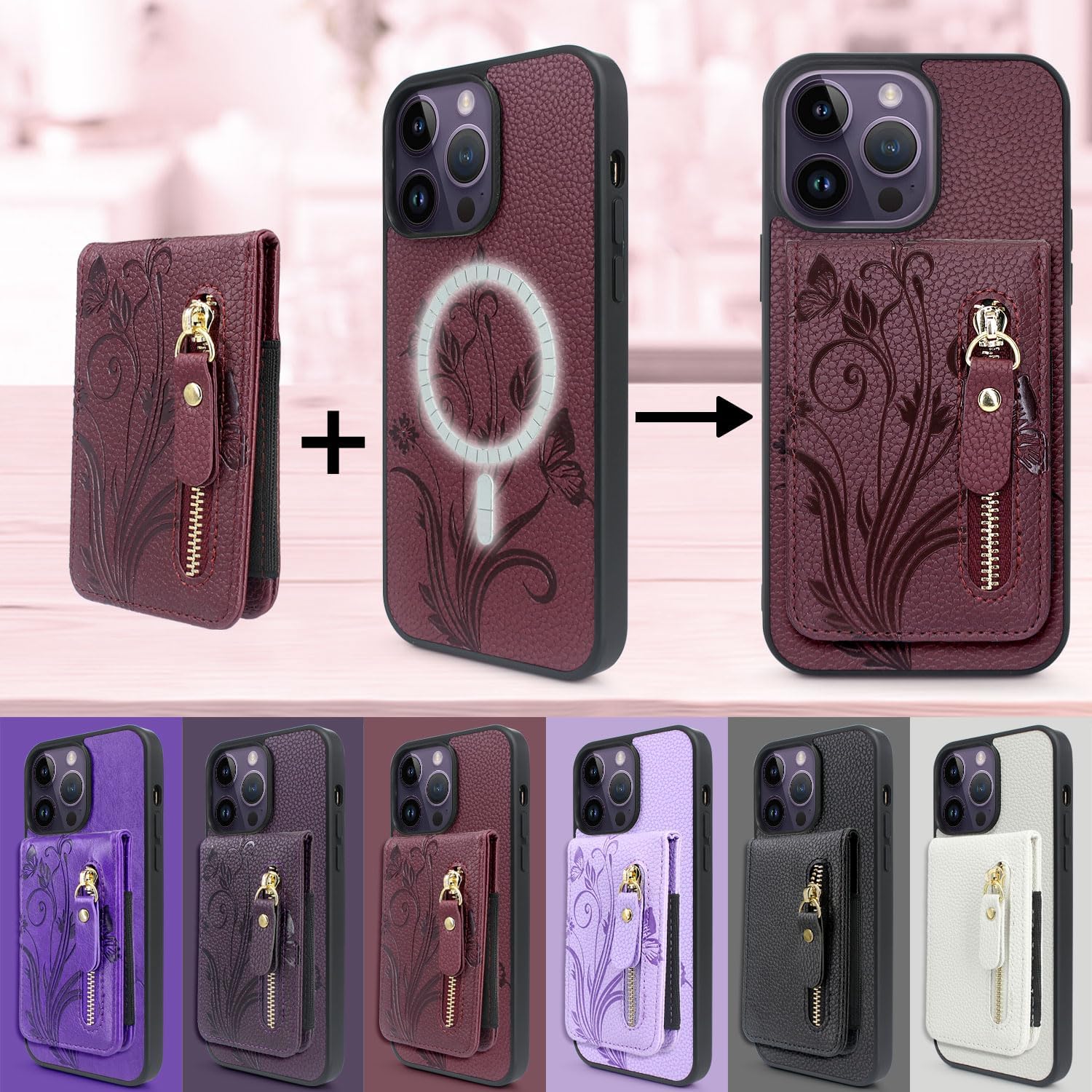 Lacass Funda compatible con MagSafe Case Wallet para iPhone 15 Pro Max de 6.7 pulgadas, tarjetero magnético desmontable con cremallera (floral rojo