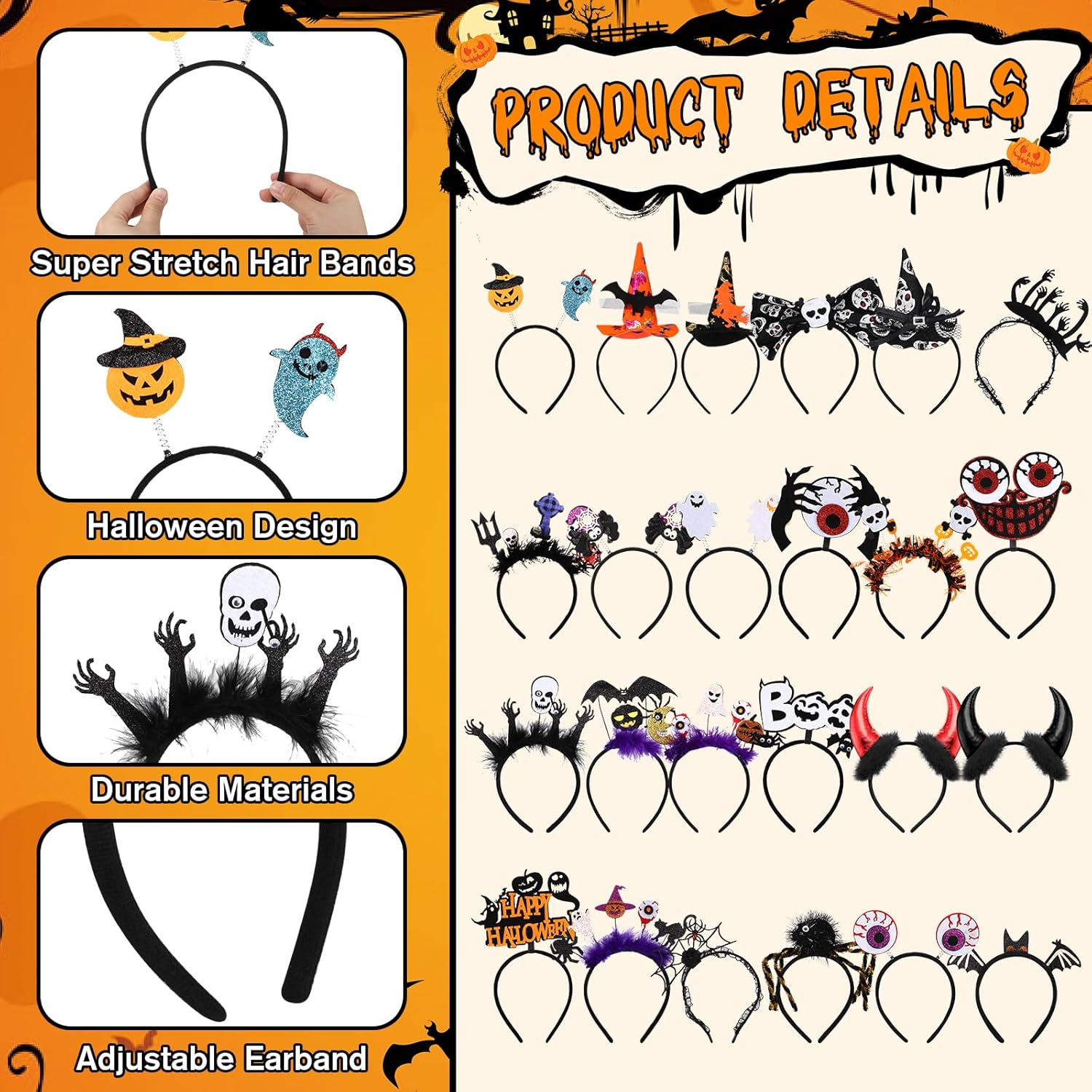 24 diademas de Halloween a granel, calavera, calabaza, bruja y araña, diademas de telaraña, globo ocular, murciélago, esqueleto para Halloween,