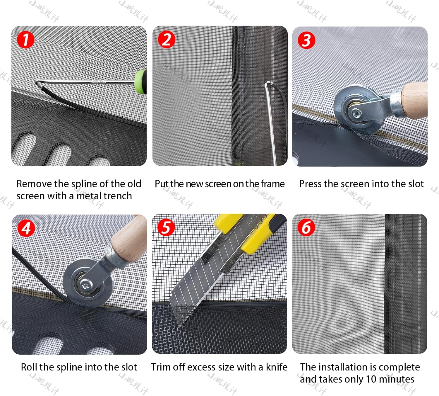 Kit de repuesto de reparación de puerta de mosquitera para ventana, incluye malla de fibra de vidrio, herramienta rodante con ranuras, cortador,