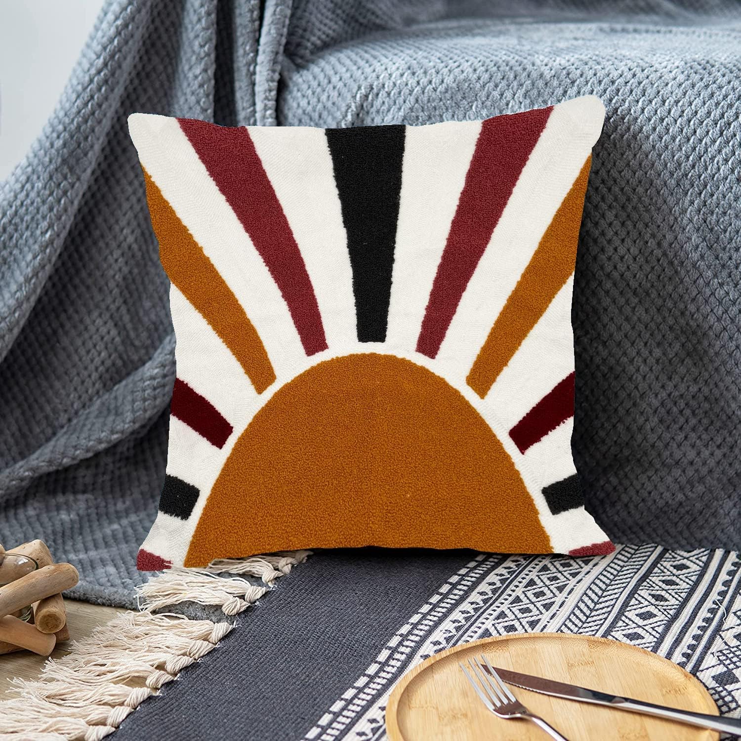 Molili Fundas de almohada con textura bohemia de 18 x 18 pulgadas, modernas fundas de almohada con diseño de sol absrácto minimalista, decoración de