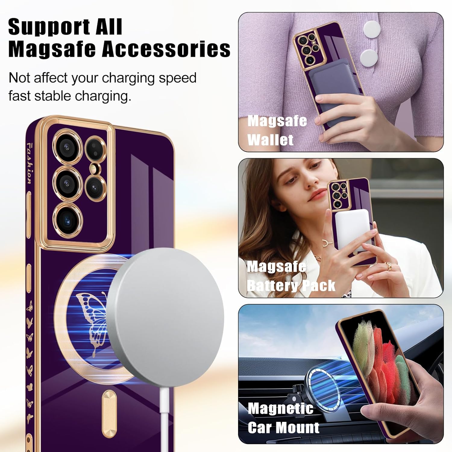 Funda magnética para Samsung Galaxy S21 Ultra 5G, bonita funda con borde chapado en mariposa con MagSafe para mujeres, niñas y hombres, funda