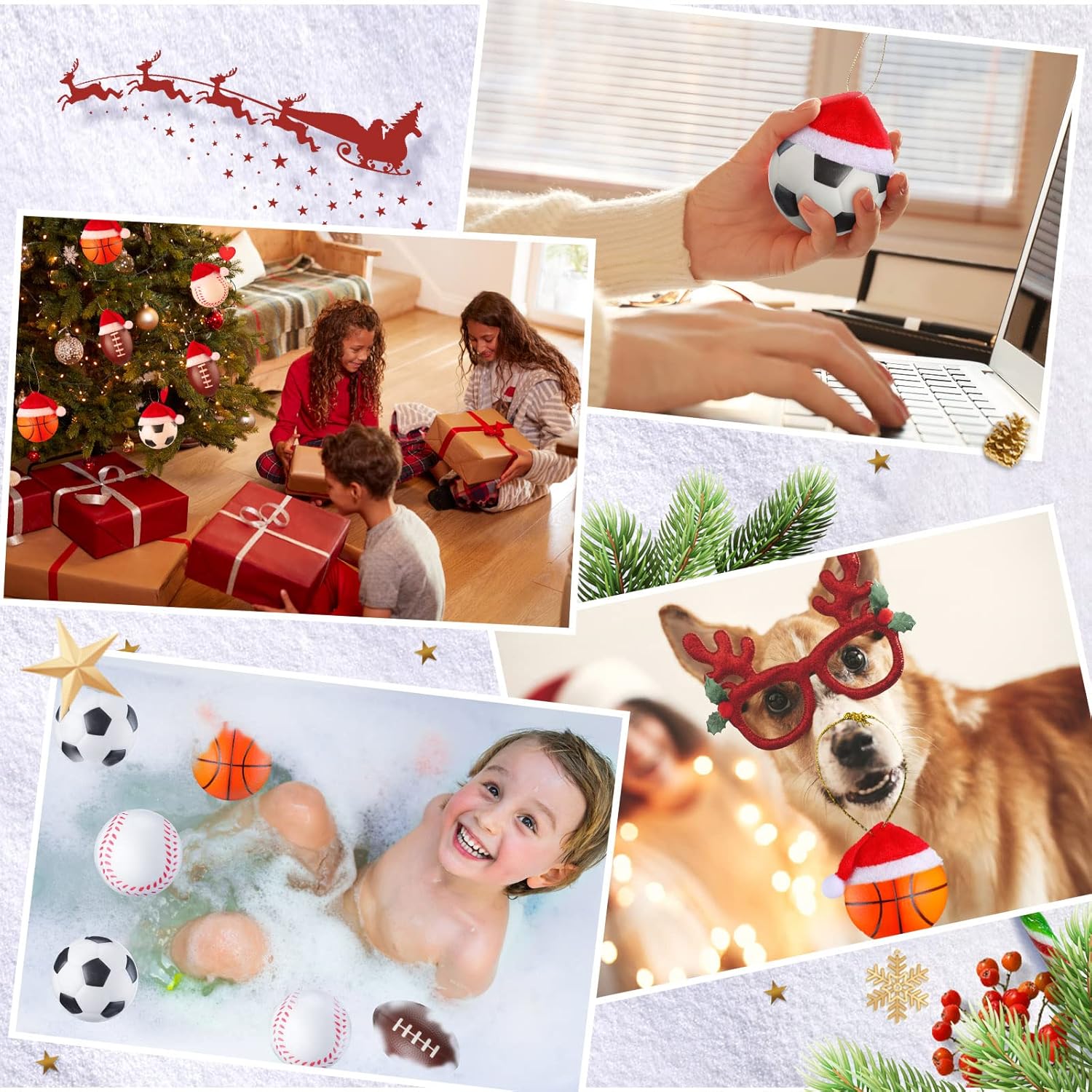 24 bolas deportivas de Navidad con sombrero de Papá Noel extraíble para adornos de árbol de Navidad, regalos de Navidad, decoración del hogar,