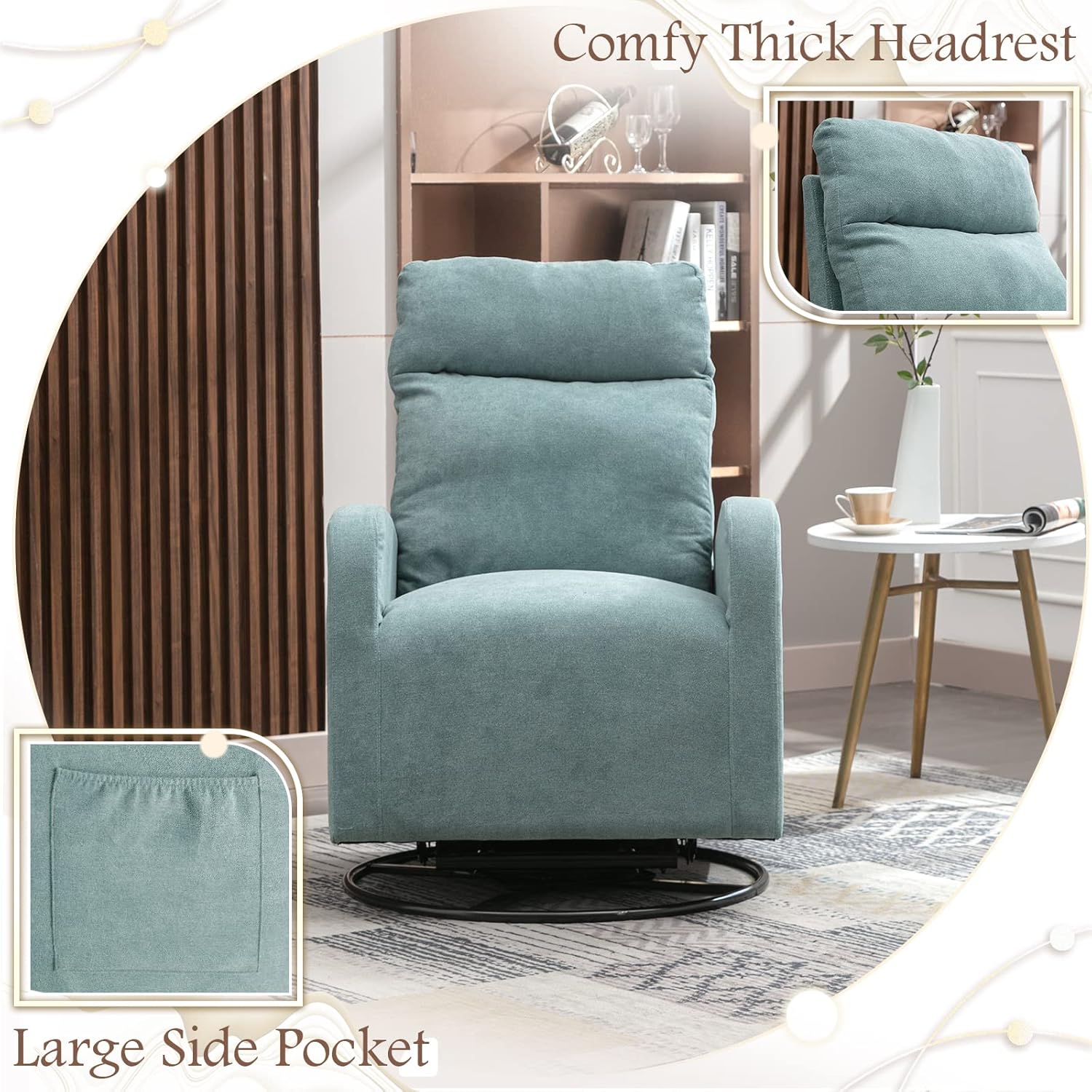 KINFFICT Silla giratoria moderna, mecedora tapizada para el cuarto del bebé, cómoda silla mecedora con respaldo alto con bolsillo lateral y