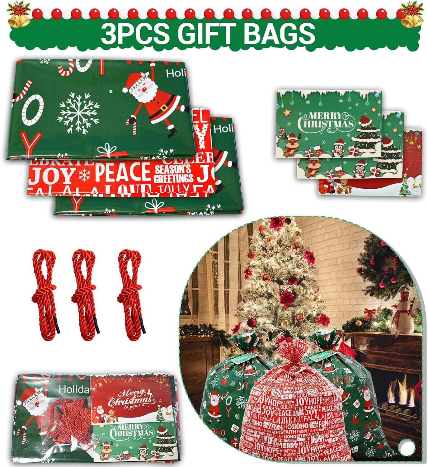 ROSAUI Bolsas grandes de regalo de Navidad y tarjetas de regalo de Navidad, juego de 3 (44.09 x 35.43 pulgadas), bolsa de regalo de plástico PE
