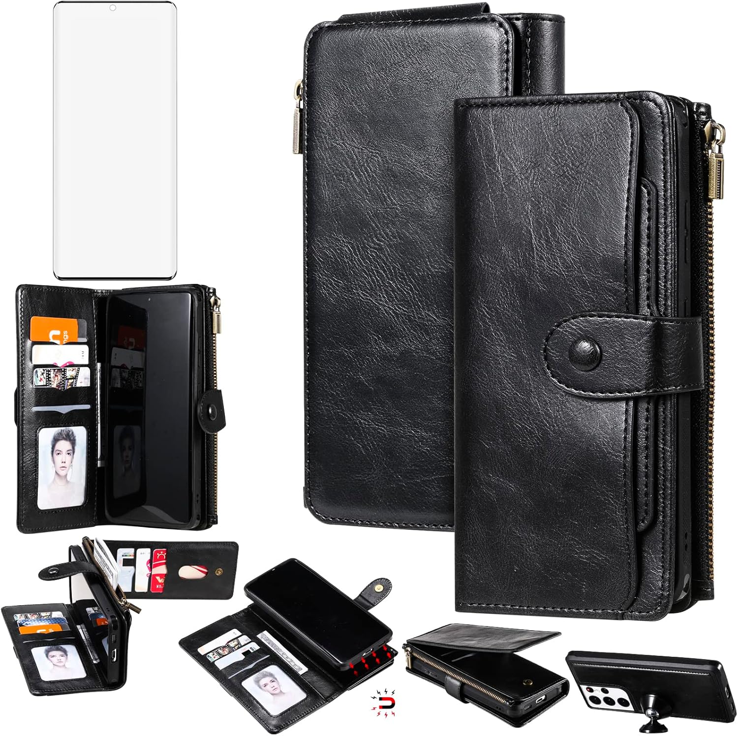 Asuwish Funda de teléfono para Samsung Galaxy S21 Ultra 5G con cremallera, protector de pantalla de vidrio templado y tarjetero de cuero, accesorios