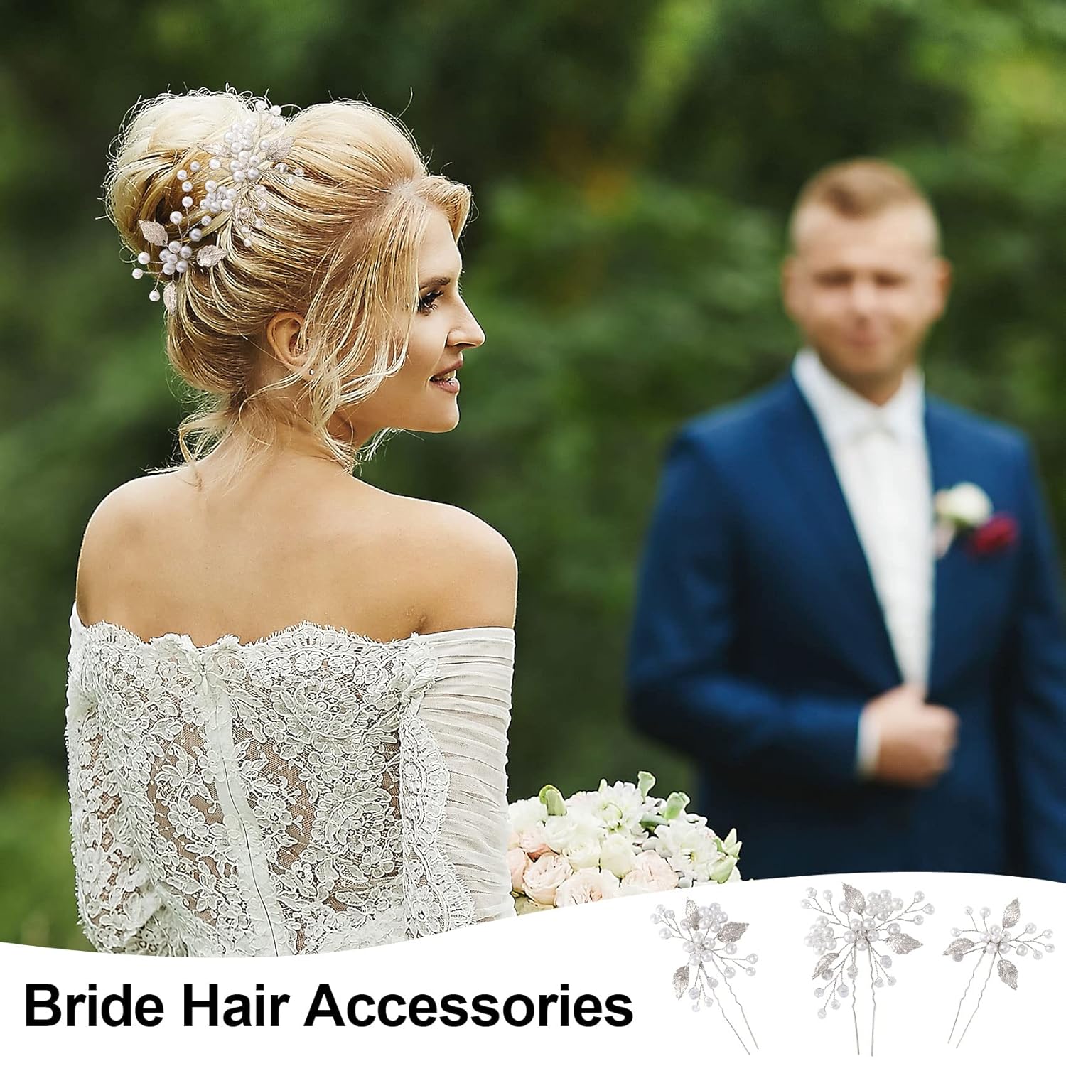 ANCIRS Paquete de 3 alfileres de peinado de boda con perlas, estilo vintage con hojas de novia, accesorios para el cabello de flores con diamantes