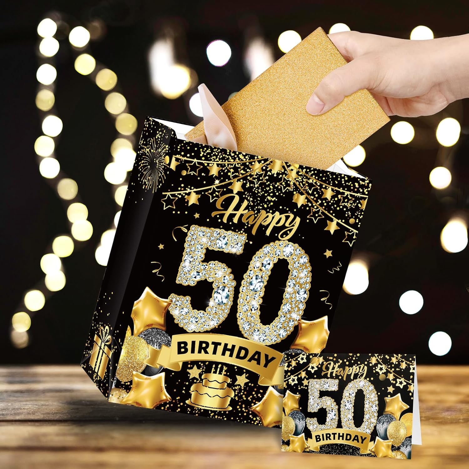 Bolsa de regalo de cumpleaños número 50, bolsa dorada de regalo de 50 cumpleaños con papel de seda y tarjeta, bolsas de regalo de papel kraft de 50