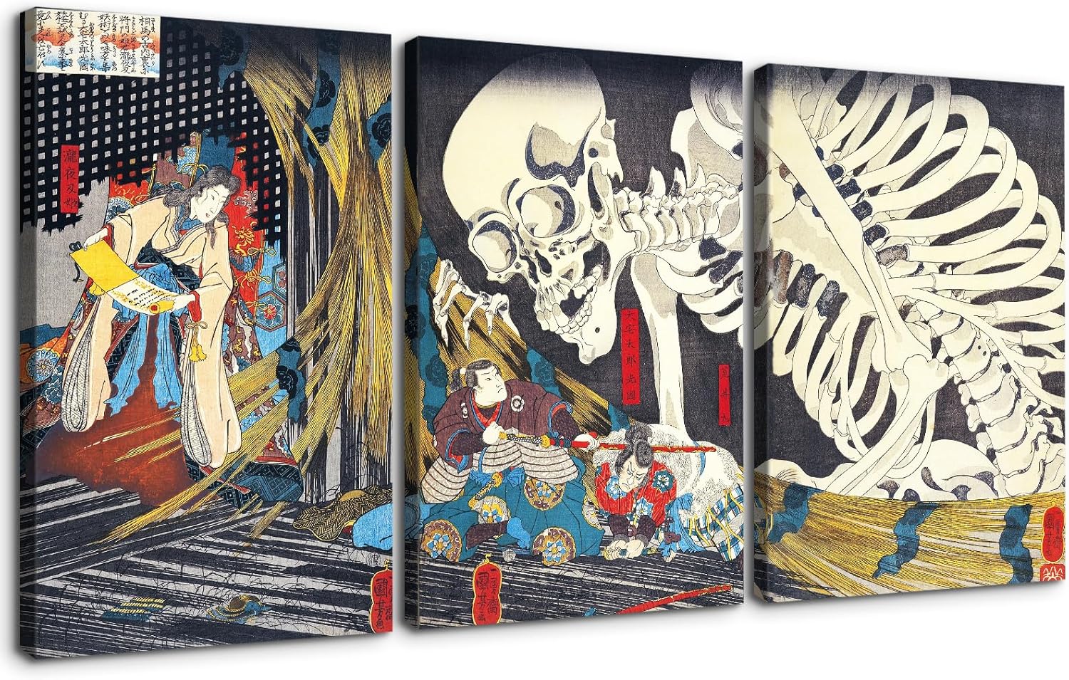 Dimpoli Lienzo de pintura japonesa para decoración de pared, 3 piezas, 24 x 36 pulgadas, Katsushika Hokusai, paisaje de la bruja y el esqueleto de