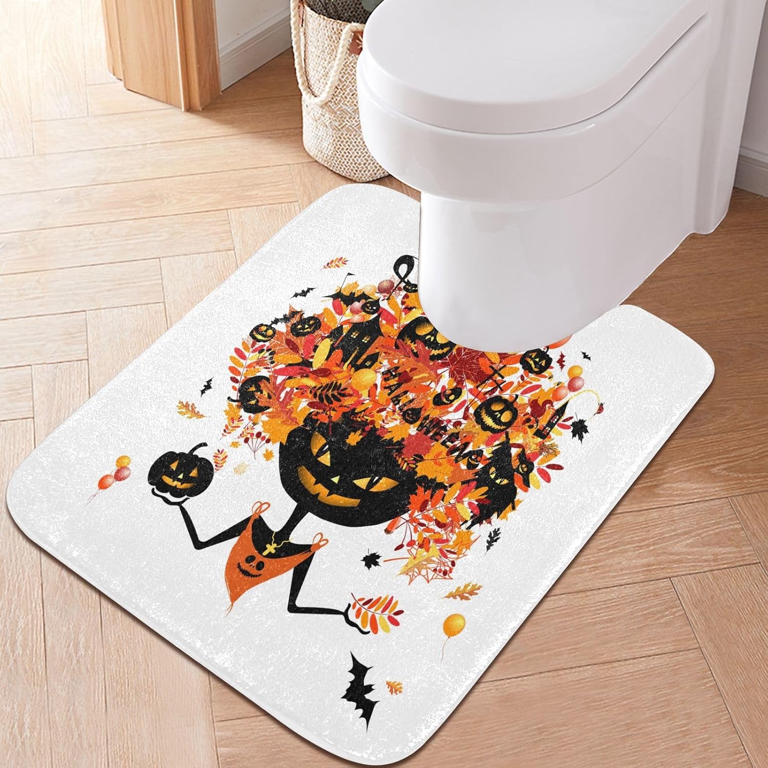 Bathroom Rugs Sets 2 Piece 24×16+24×20 Inch,Soft U-Shaped Contour Toilet Rug Halloween Pumpkin Head Non-Slip Absorbent Bath Floor Mat Carpet Set