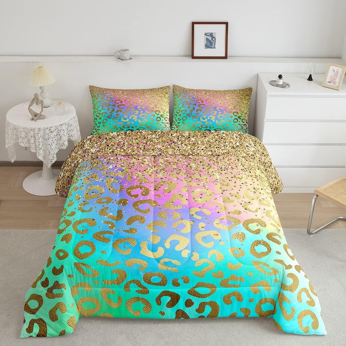 Feelyou Juego de edredón de leopardo dorado con purpurina, juego de ropa de cama con estampado de animales salvajes, juego de edredón acolchado de