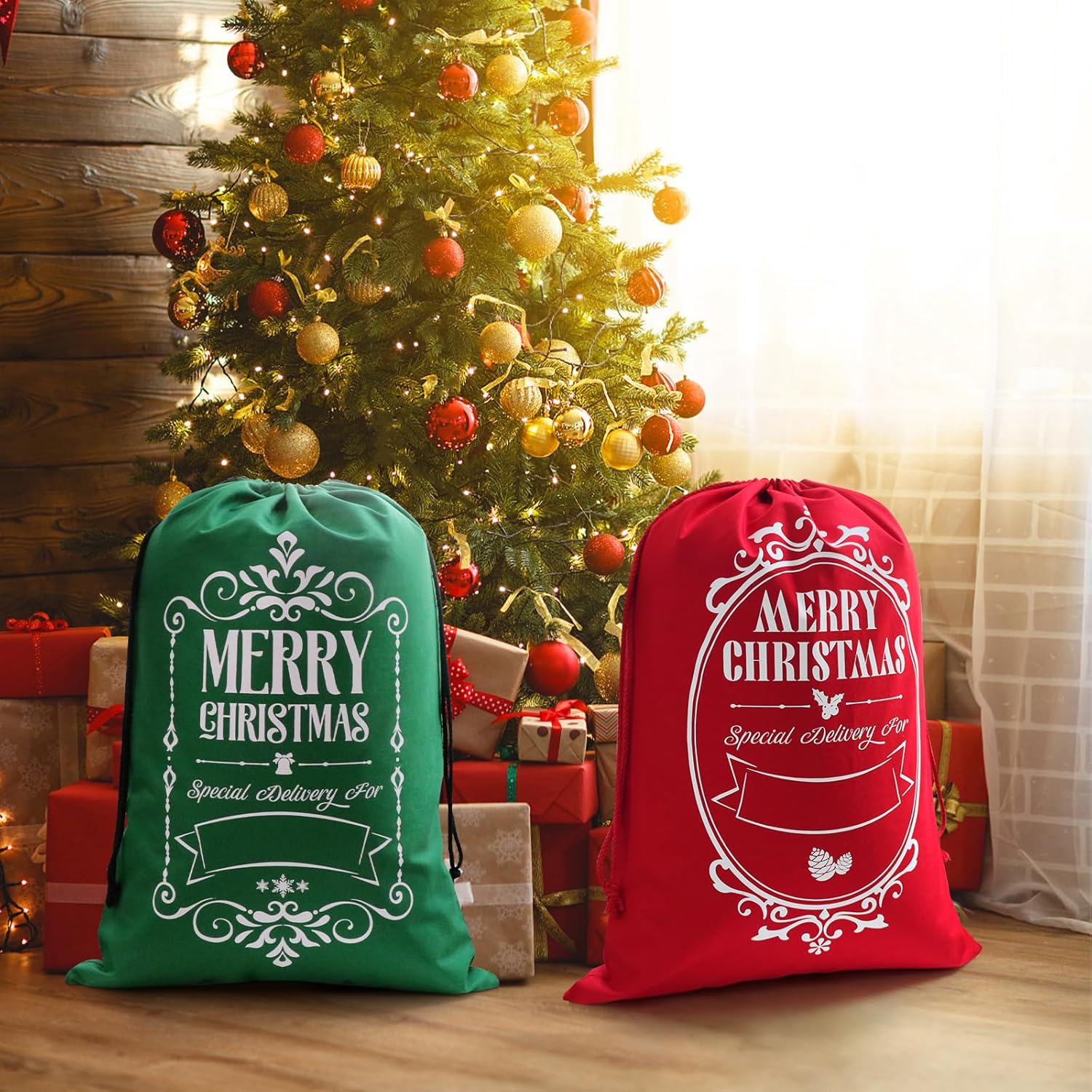 AOUTACC 6 bolsas de regalo de Navidad con cordón de Papá Noel, 27.5 x 19.7 pulgadas, reutilizables, extra grandes, con cordón, bolsas de regalo de