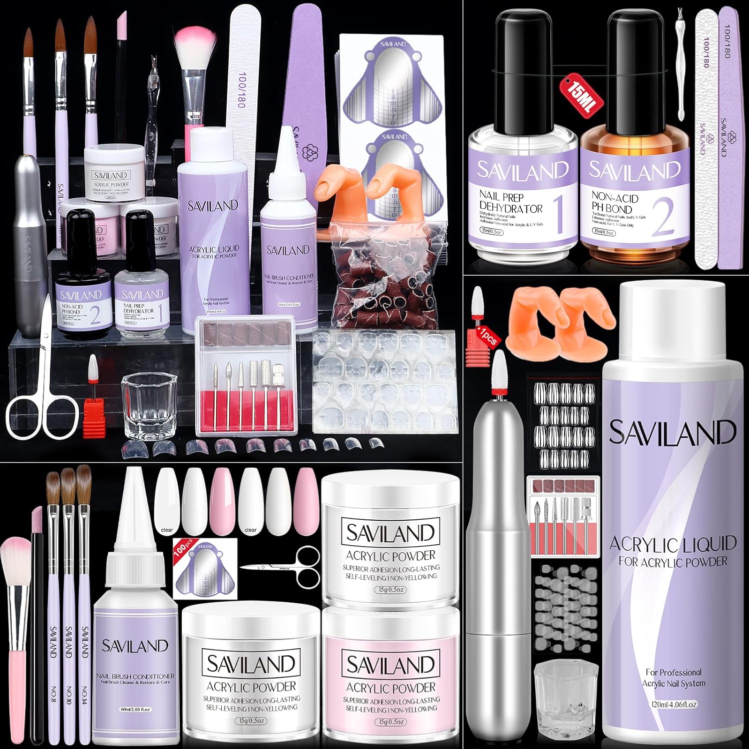 SAVILAND Kit de uñas acrílicas para práctica de uñas, 3 colores de polvo acrílico y 4.1 fl oz de líquido acrílico con cepillo acrílico para